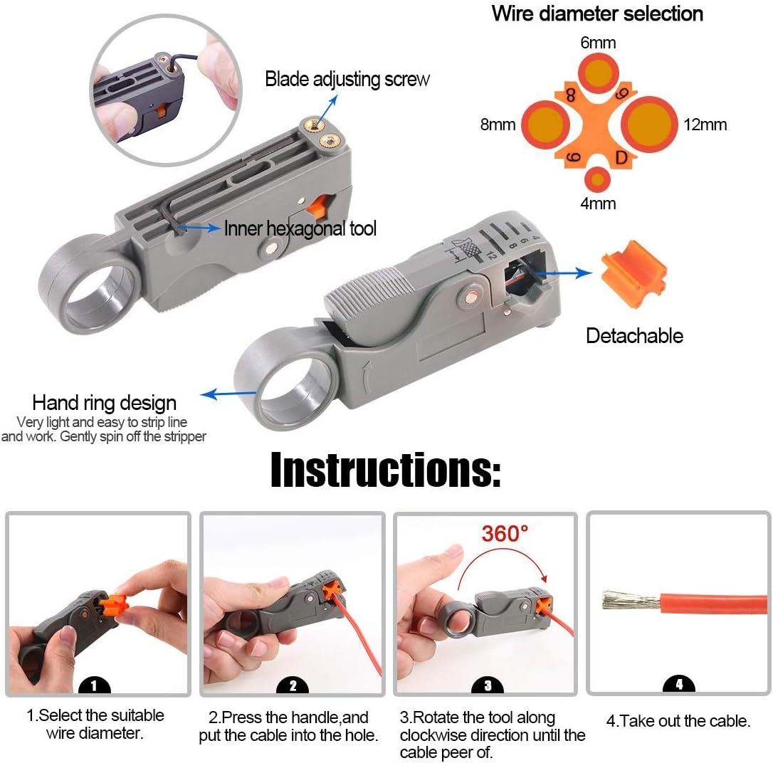 Glarks Coaxial Cable Tool Set, Coax RF Connector Crimping Tool + Coaxial Cable Stripper + BNC/UHF Crimp Male Connectors + Wire Cutter + Screw Driver for RG58, RG59, RG62, RG174 image number 4