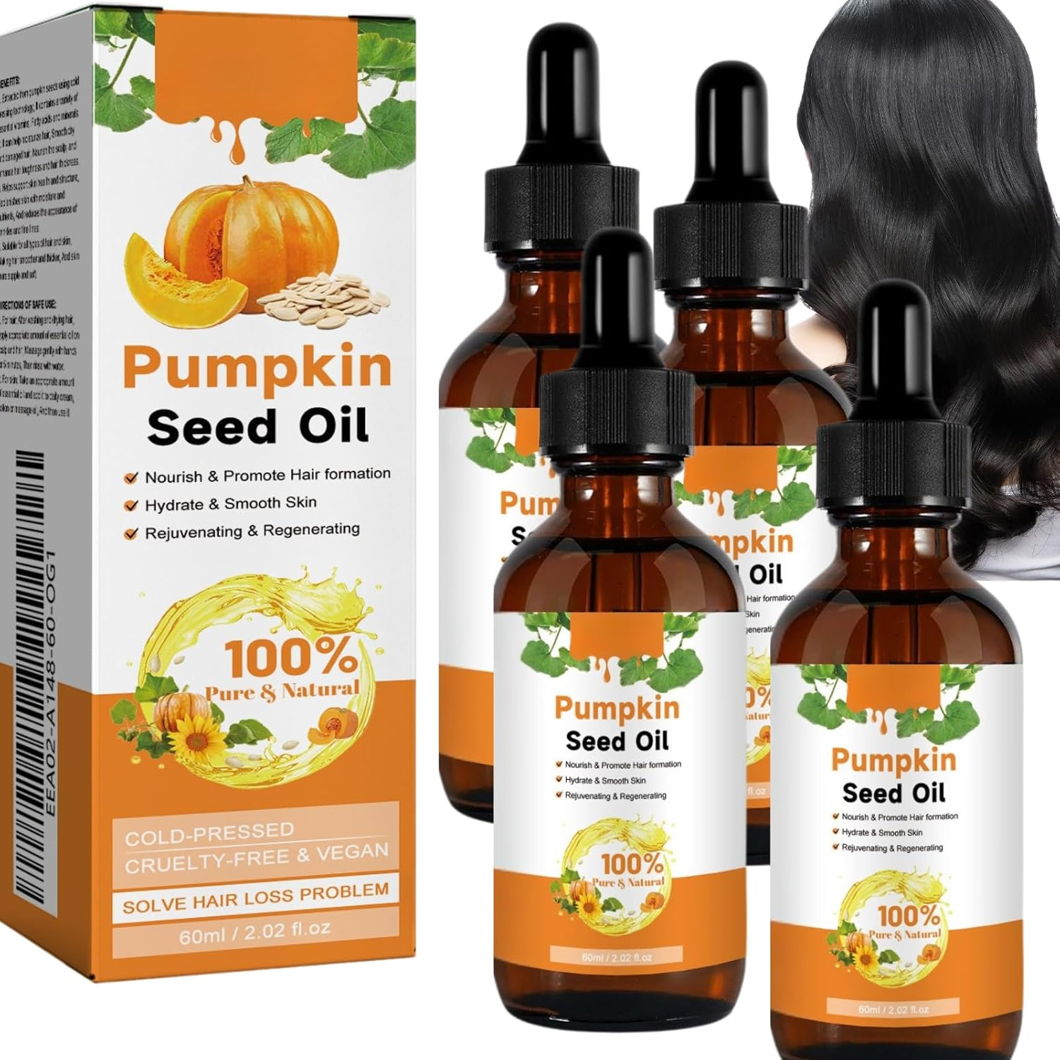Pumpkin Seed Oil for Hair Growth & Skin Care, 100% Pure Organic Cold Pressed Pumpkin Seed Oil, Natural Moisturizing & Nourishing Hair Care Oil for Scalp, Face, Nails, and Body 60Ml (4Pcs)