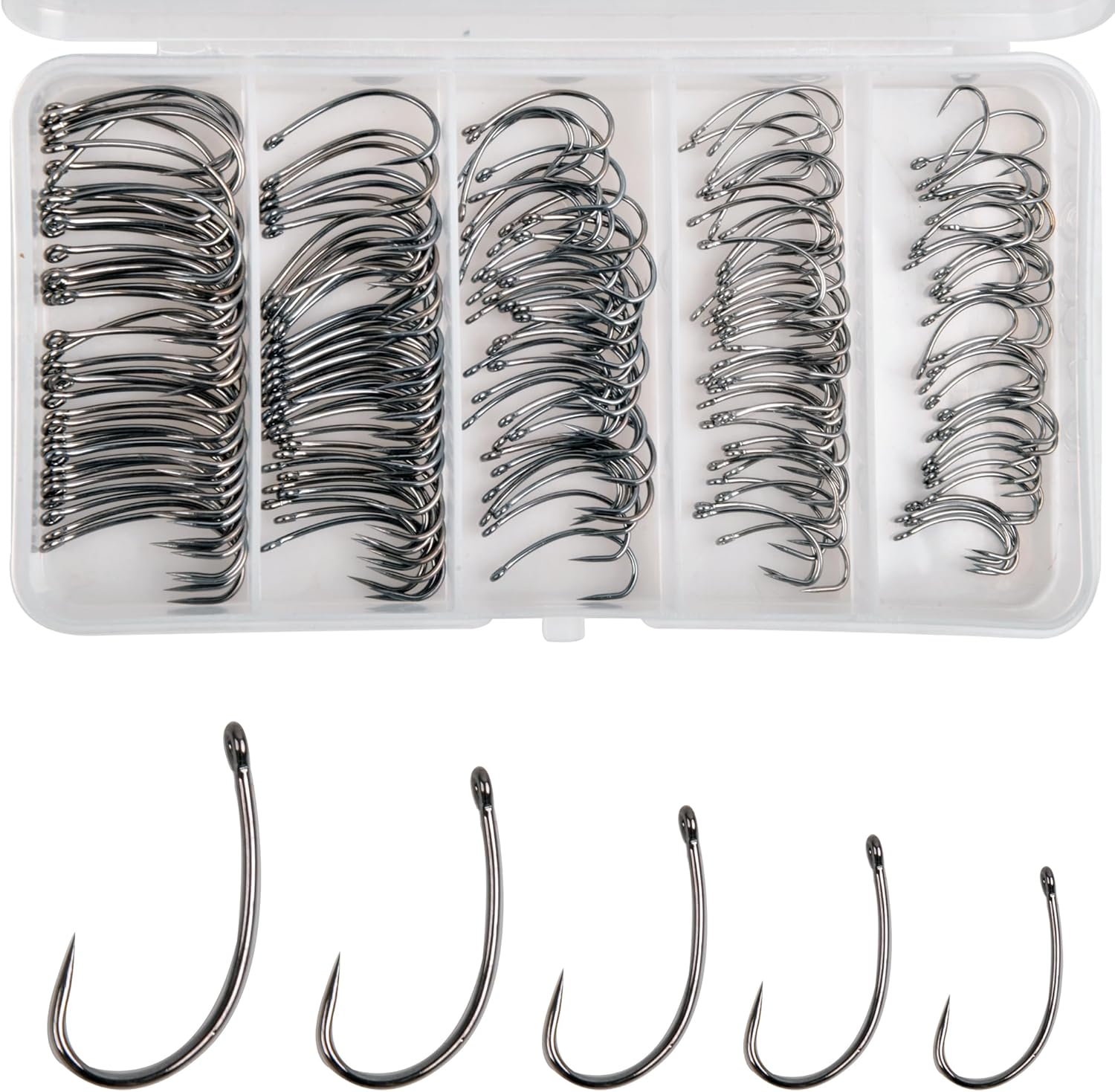 VATEICO 175Pcs Barbless Fishing Hook Kits,Small Size Carp Fishing Hooks Curve Shank Crank and Wide Gape Carp Hooks Fly Tying Hooks Circle Hooks with Tackle Box Size 2#,4#,6#,8#,10# image number 5