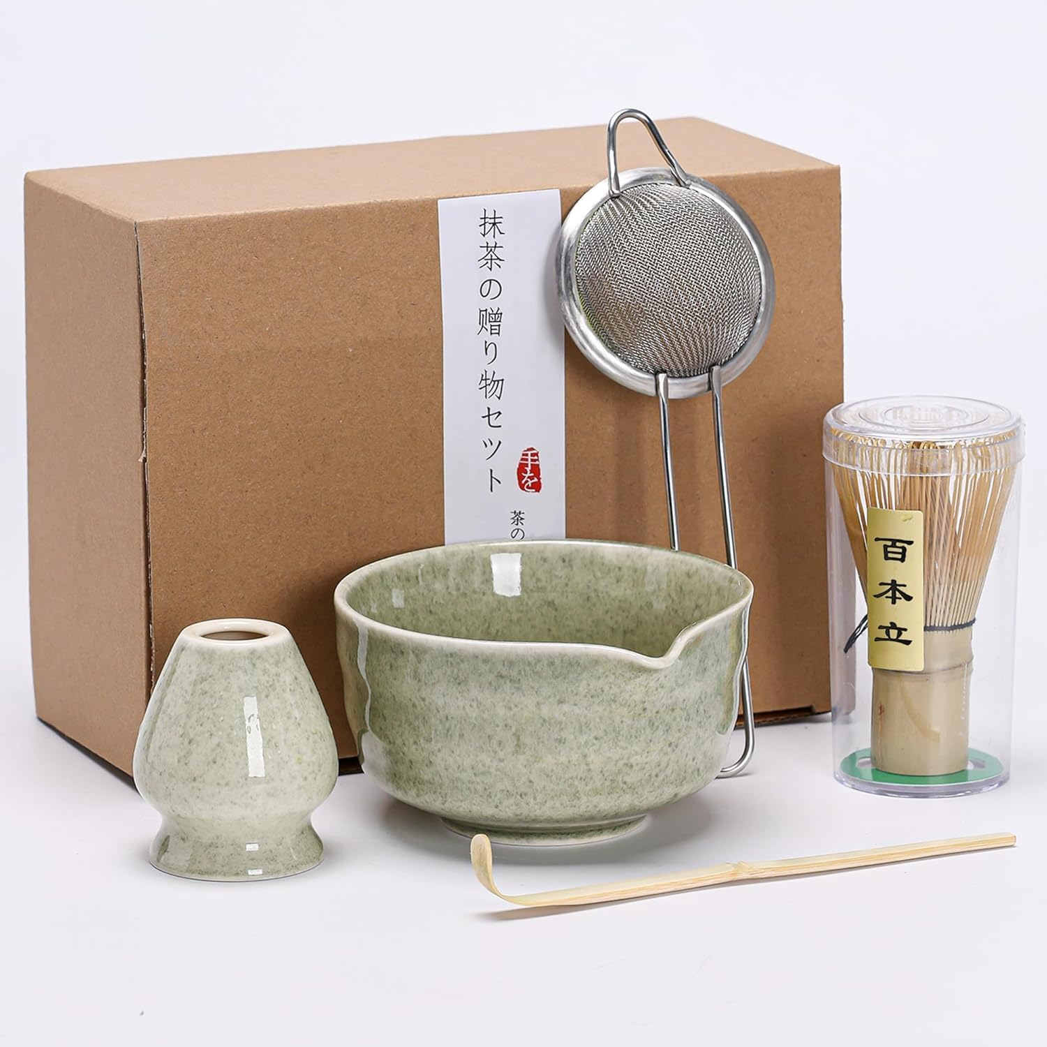 Matcha Whisk Set, Japanese Tea Set Includes Matcha Bowl with Spout, Matcha Whisk Holder, Bamboo Matcha Whisk and Bamboo Scoop, Ceramic Matcha Kit for Tea Lovers ﻿ (Green -4Pcs)