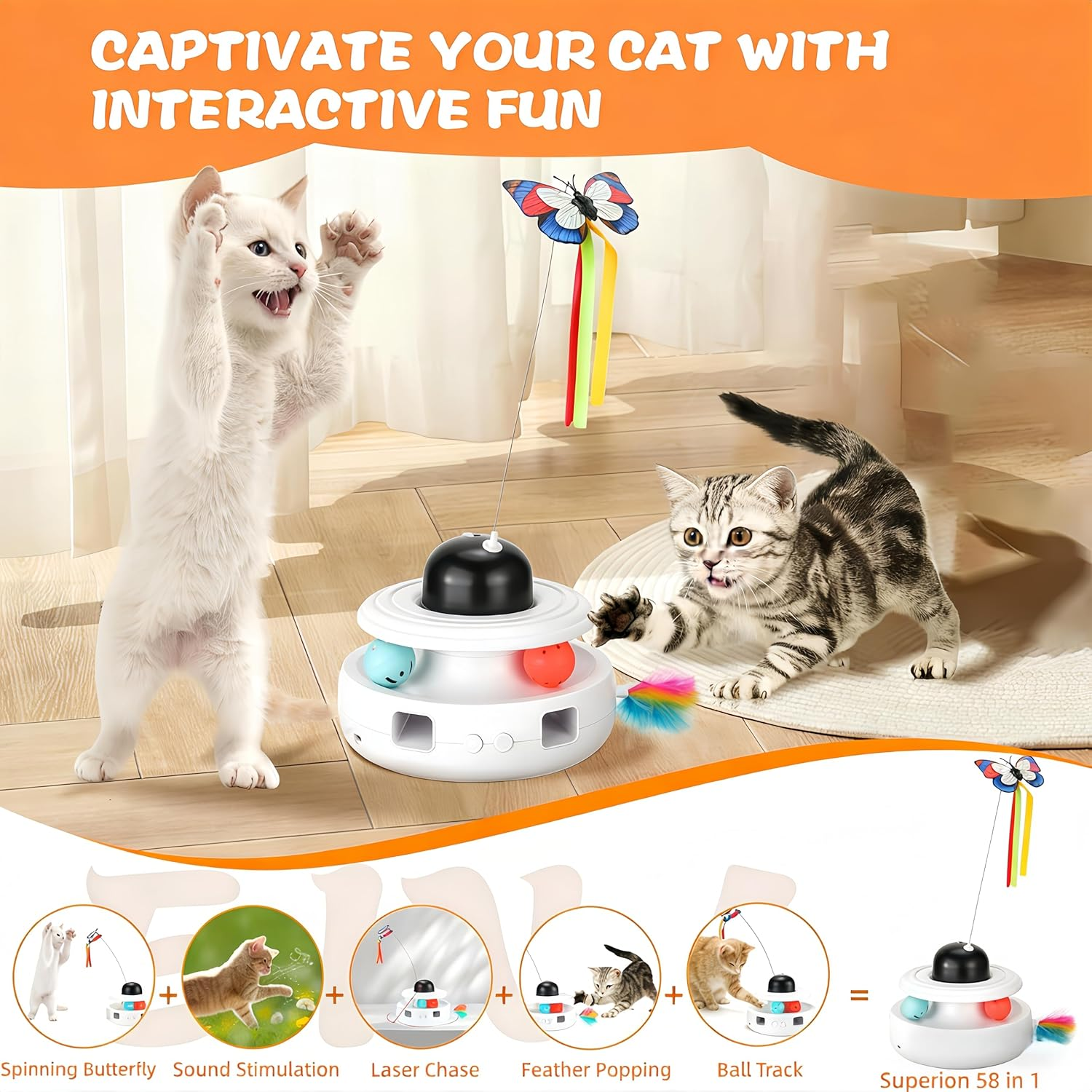Interactive Cat Toys, 5-In-1 Indoor Automatic Cat Toy, Rechargeable, Safe, Silent,Intelligent Activation, Featuring Lights, Ball, Butterfly, Bird Sound, Feather, Rechargeable, Suitable for All Cat