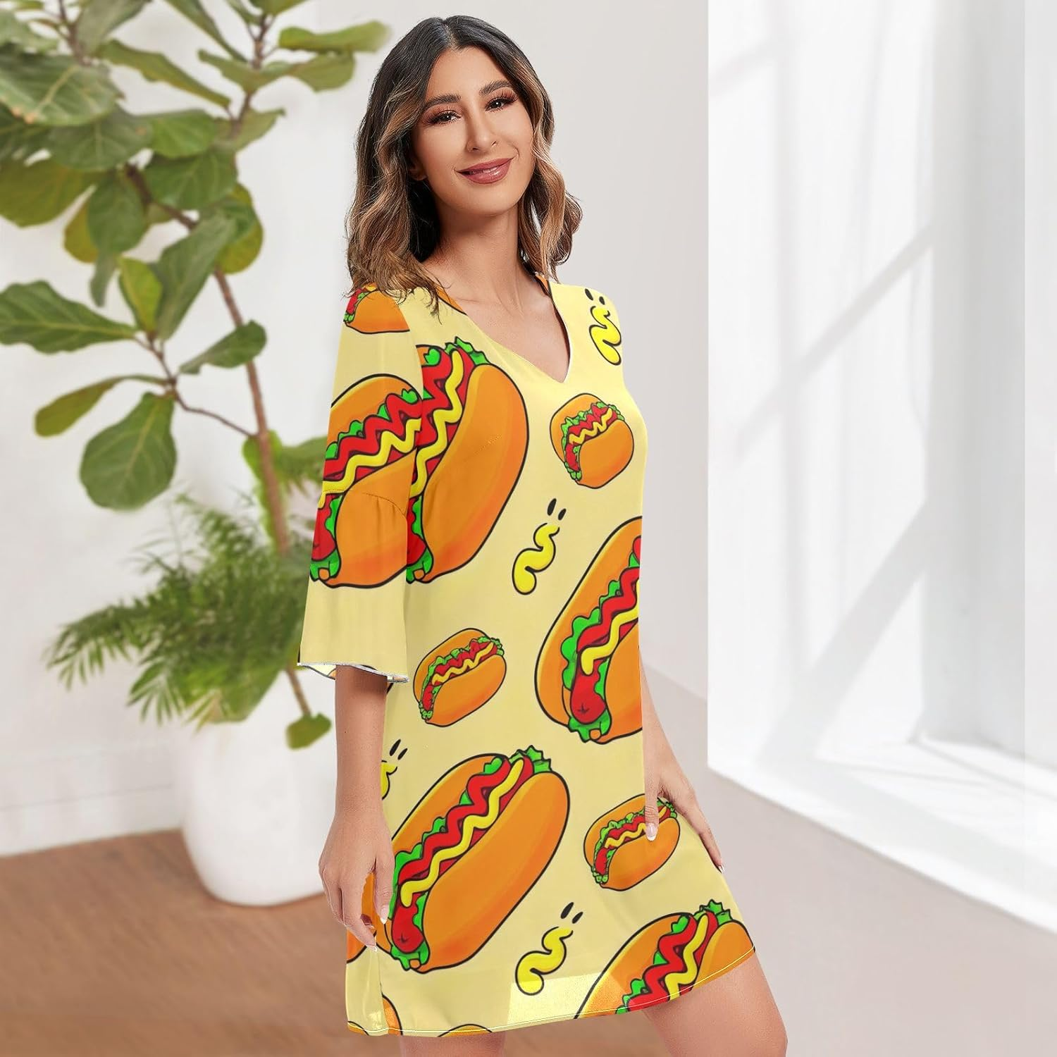 Cartoon Hot Dogs Ladies Chiffon Dress Printed Line Maternity Dress S-XXL image number 1