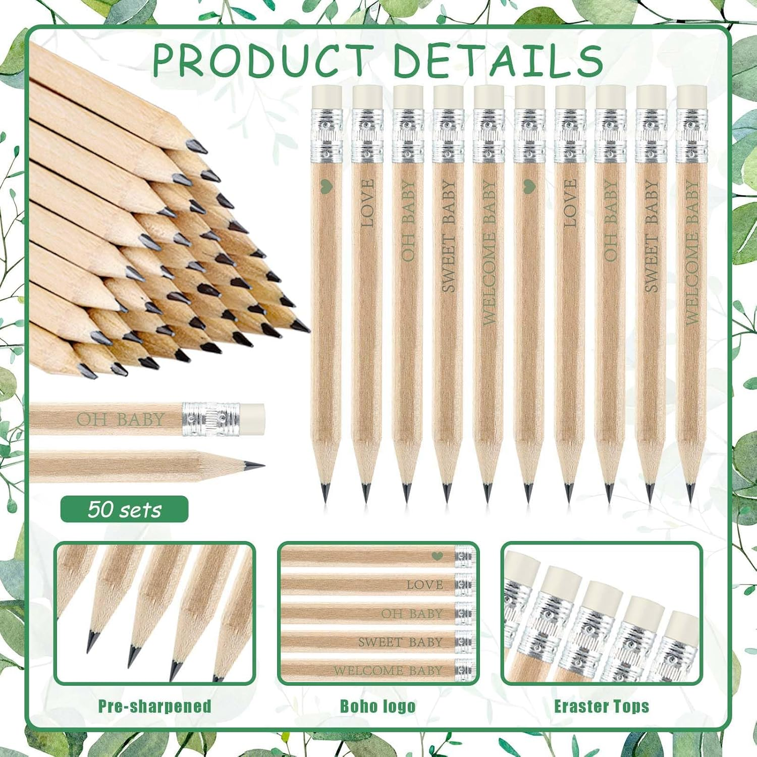 50 Sets Sage Green Baby Shower Pencils Gifts Bulk for Guest Boho Golf Half Pencil Baby Shower Game Sharpened Mini Pencils with Eraser Girl Boy Neutral Gender Reveal Party Favors image number 4