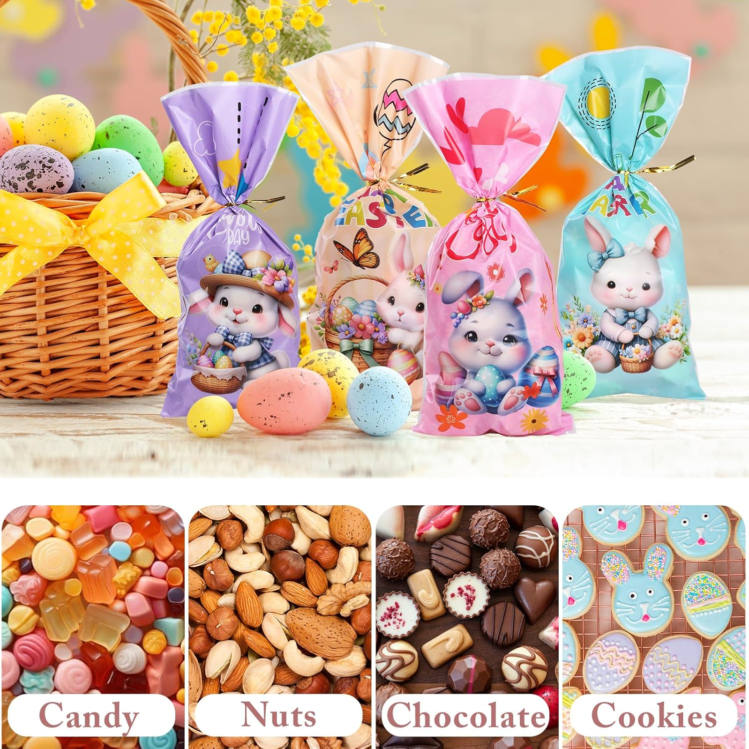 100 Pieces Gift Candy Bags, KIKISML Easter Party Favor Gift Bags with Strapping Ties, Color Bags Treat Bags Goody Bags for Wedding, Birthday, Party Supplies and Gifts image number 4