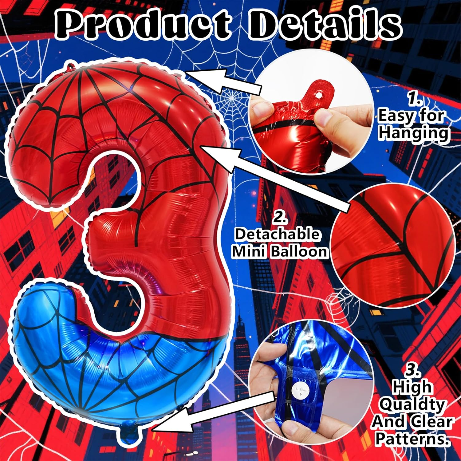 Spider Web Number 3 Balloon Birthday Decoration, Superhero Themed 40In Giant Mylar Number Party Supplies - Assorted Bright Colors image number 3