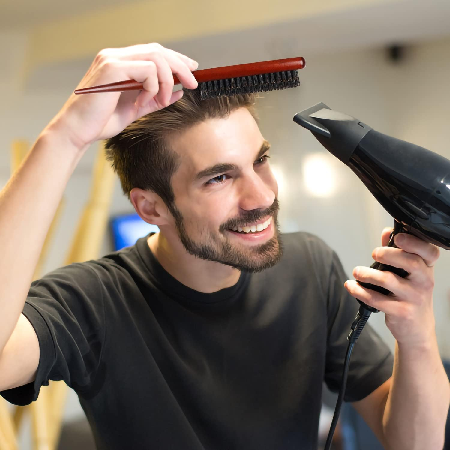 Boar Bristle Teasing Hair Brush for Women Wooden Teasing Comb with Rat Tail Pick for Hair Sectioning Used for Edge Control, Backcombing, Smoothing, and Styling Fine Hair to Create Volume image number 3