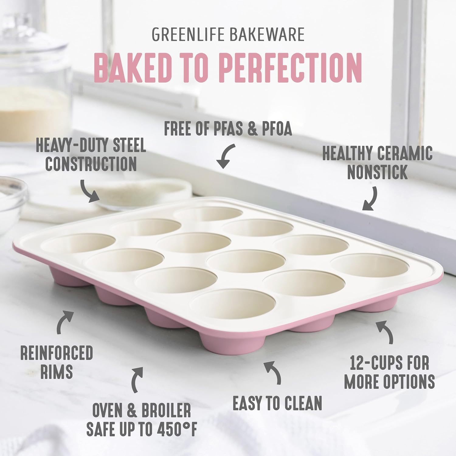 Greenlife Bakeware Healthy Ceramic Nonstick, 12 Cup Muffin and Cupcake Baking Pan, Pfas-Free, Pink image number 4