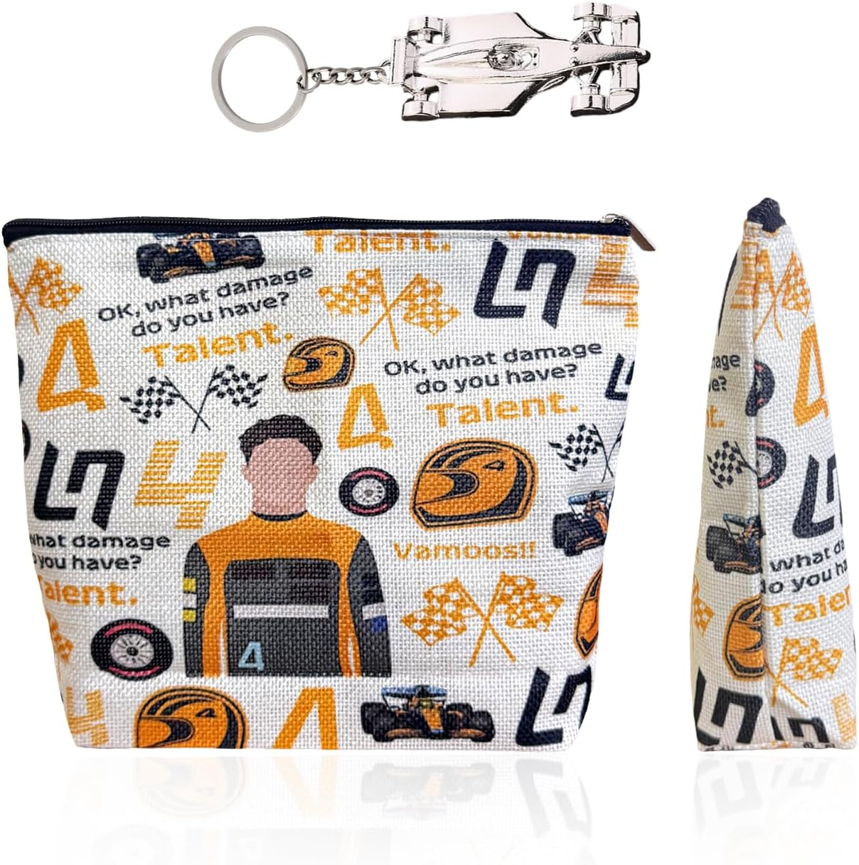 1 Orange Racing Cosmetic Bag, 1 Silver Racing Pendant Cosmetic Storage Bag, Outdoor Travel Toiletry Bag, Mini Keychain Pendant image number 1