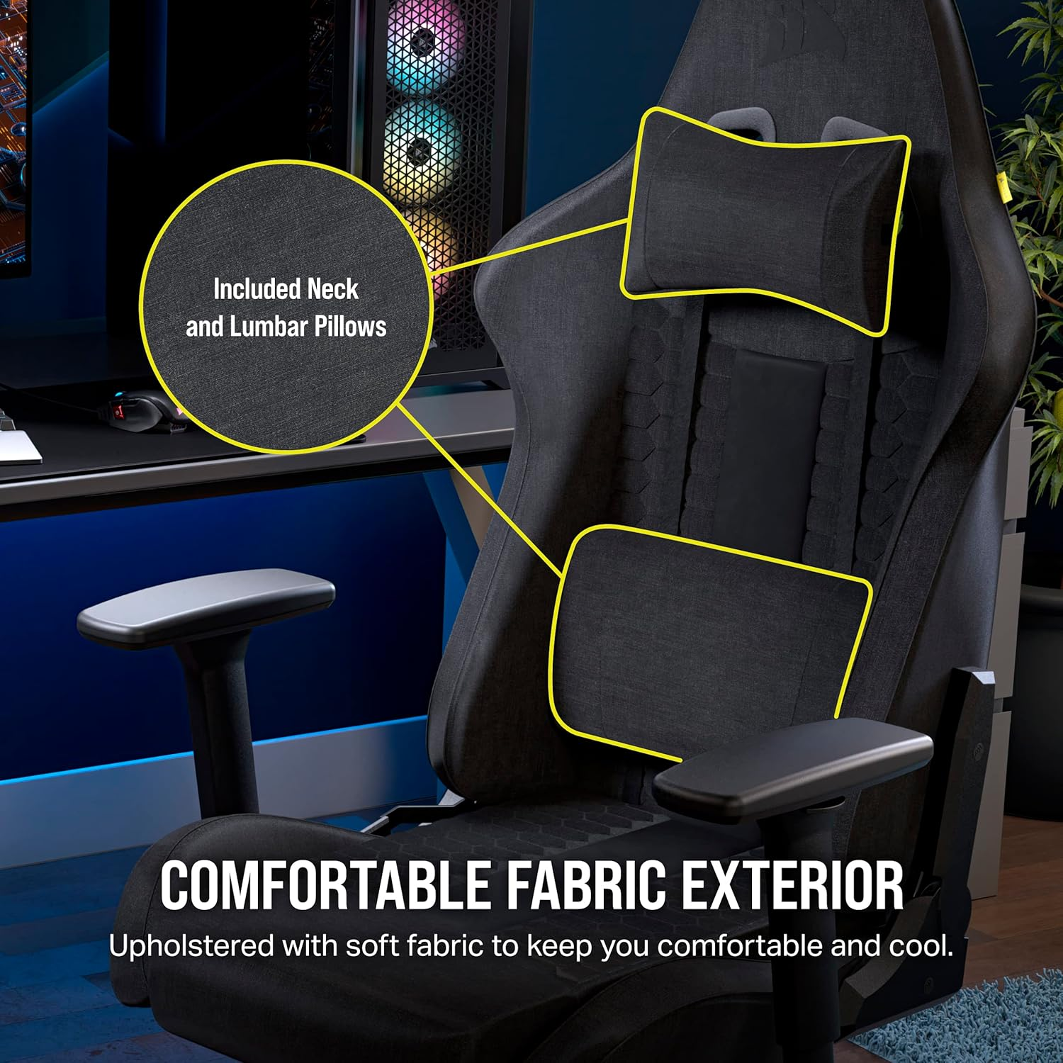 CORSAIR TC100 RELAXED Gaming Chair - Fabric - Racing-Inspired Design - Lumbar Pillow - Detachable Memory Foam Neck Pillow - Adjustable Seat Height - Adjustable Armrests - Grey & Black