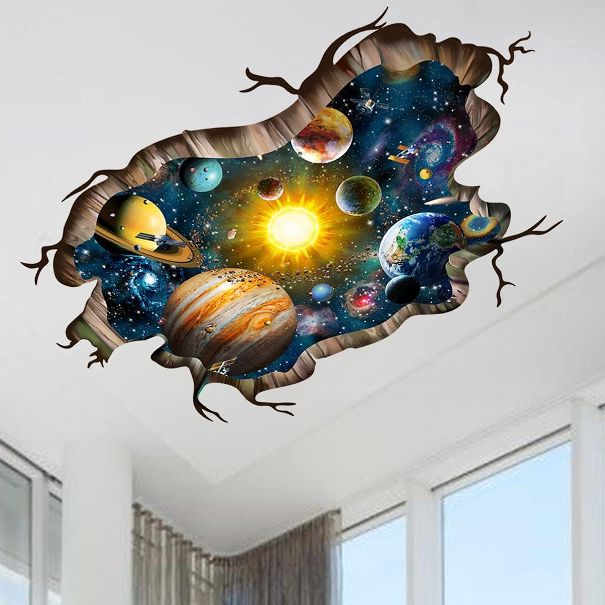 3D Galaxy Planets Wall Decals Smashed Solar System Wall Sticker 31.5X47.2Inch Cracked Outer Space Removable Vinyl Wall Clings for Ceiling Floor Living Room Bedroom Decoration image number 1