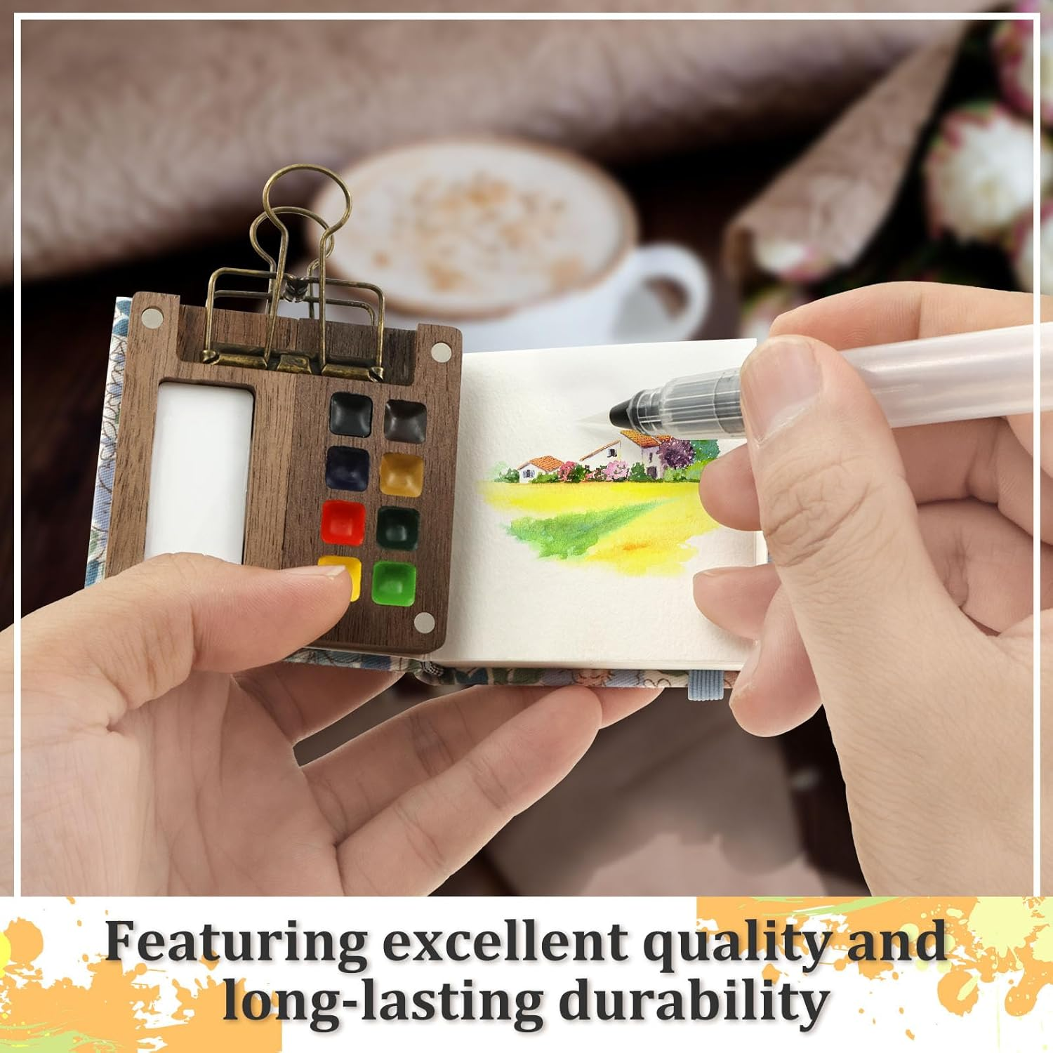 Portable Watercolor Palette Set, Pocket Artist Watercolor Travel Set, 8 Grids Mini Travel Paint Palette Set with Clip Tiny, Mini Watercolor Paint Set for Painters Students Artists Drawing image number 4