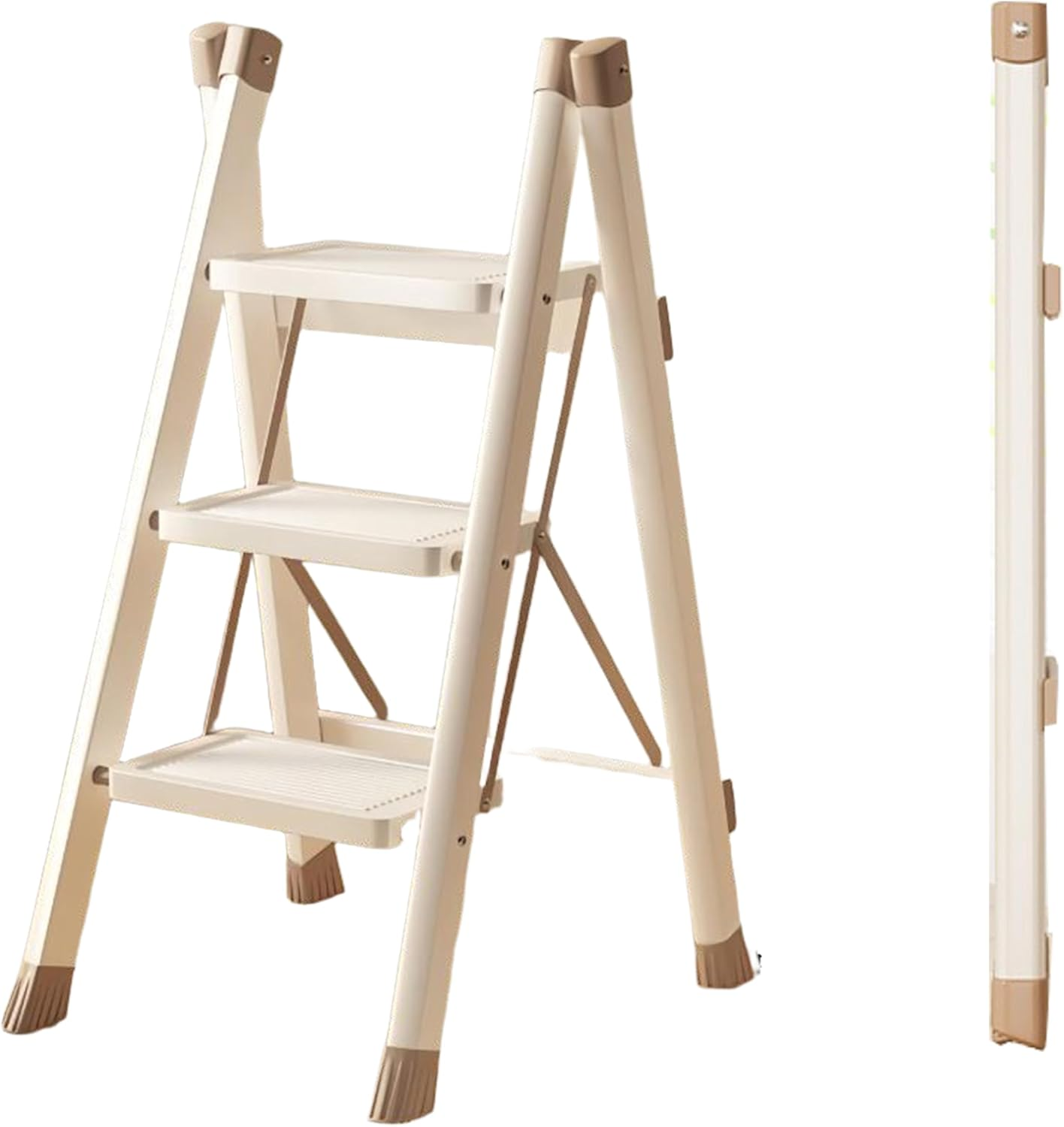 4 Step Ladder, Retractable Handgrip Aluminum Folding Step Stool Non-Slip Wide Steps Foldable Design Heavy Duty 330Lbs 150KG Capacity for Home Office (Cream White, 4 Step Ladder)