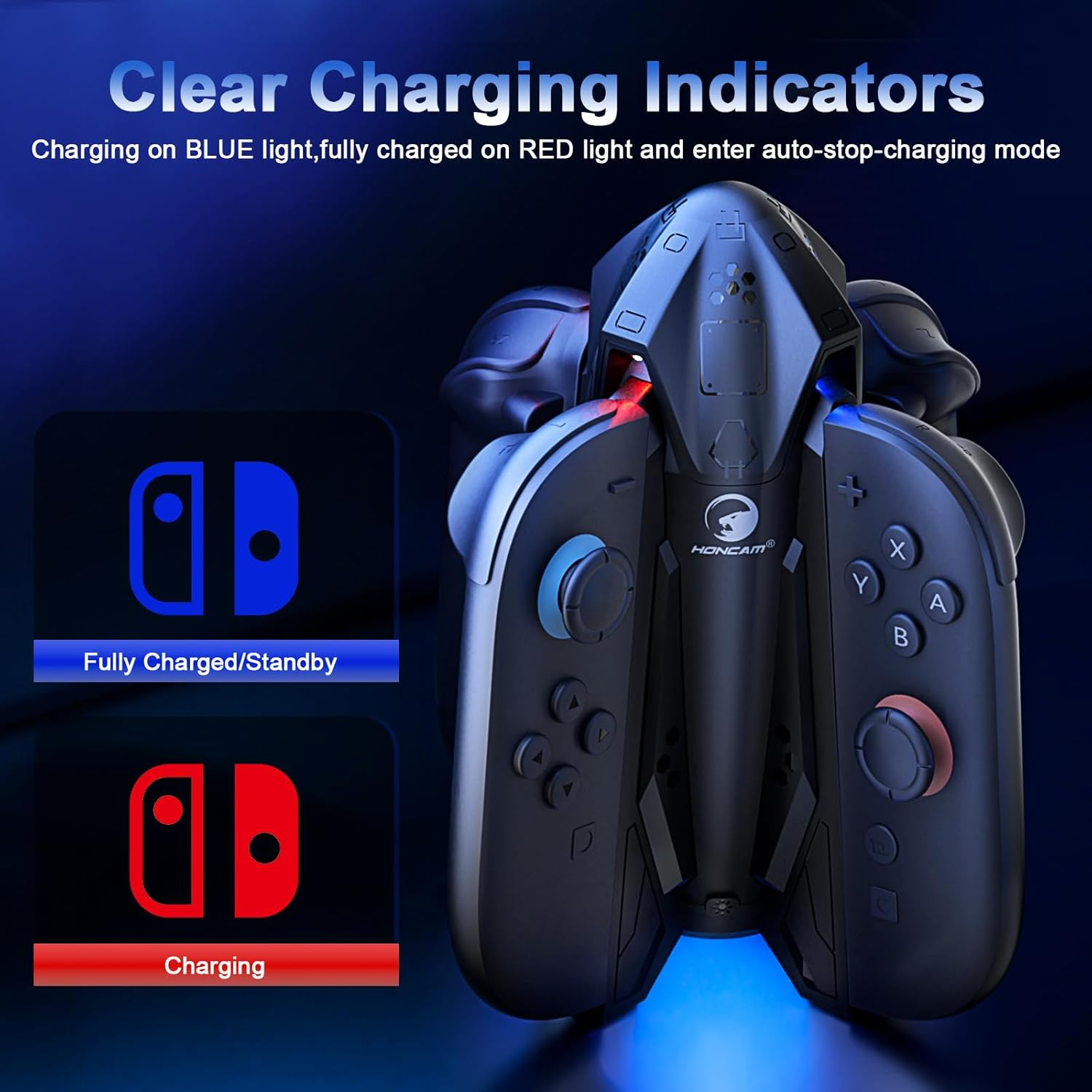 HONCAM Charging Dock for Nintendo Switch 2 Joy-Con with 7 Cool RGB Light, Switch 2 Accessories 4 In1 Joycons Charger with a USB Type-C Cord,Black