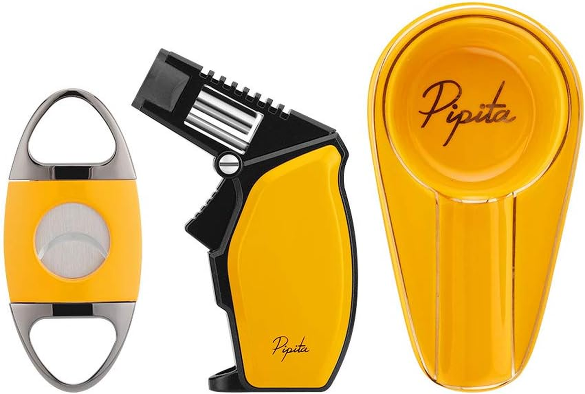 PIPITA Torch Lighter and Cigar Cutter Ashtray Set,Refillable Windproof Single Jet Gas Lighter & Blade Cigar Guillotine & Ceramics Ashtray with Gift Box (Without Gas)