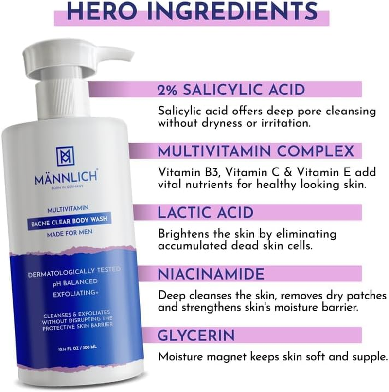 Mannlich 2% Salicylic Acid Body Acne Wash for Men (300 Ml) - Bacne Clear Body Wash Men Shower Gel - 3% Niacinamide Prevents Body Acne, Exfoliates & Nourishes Skin - Suitable for All Skin Types - Para image number 2