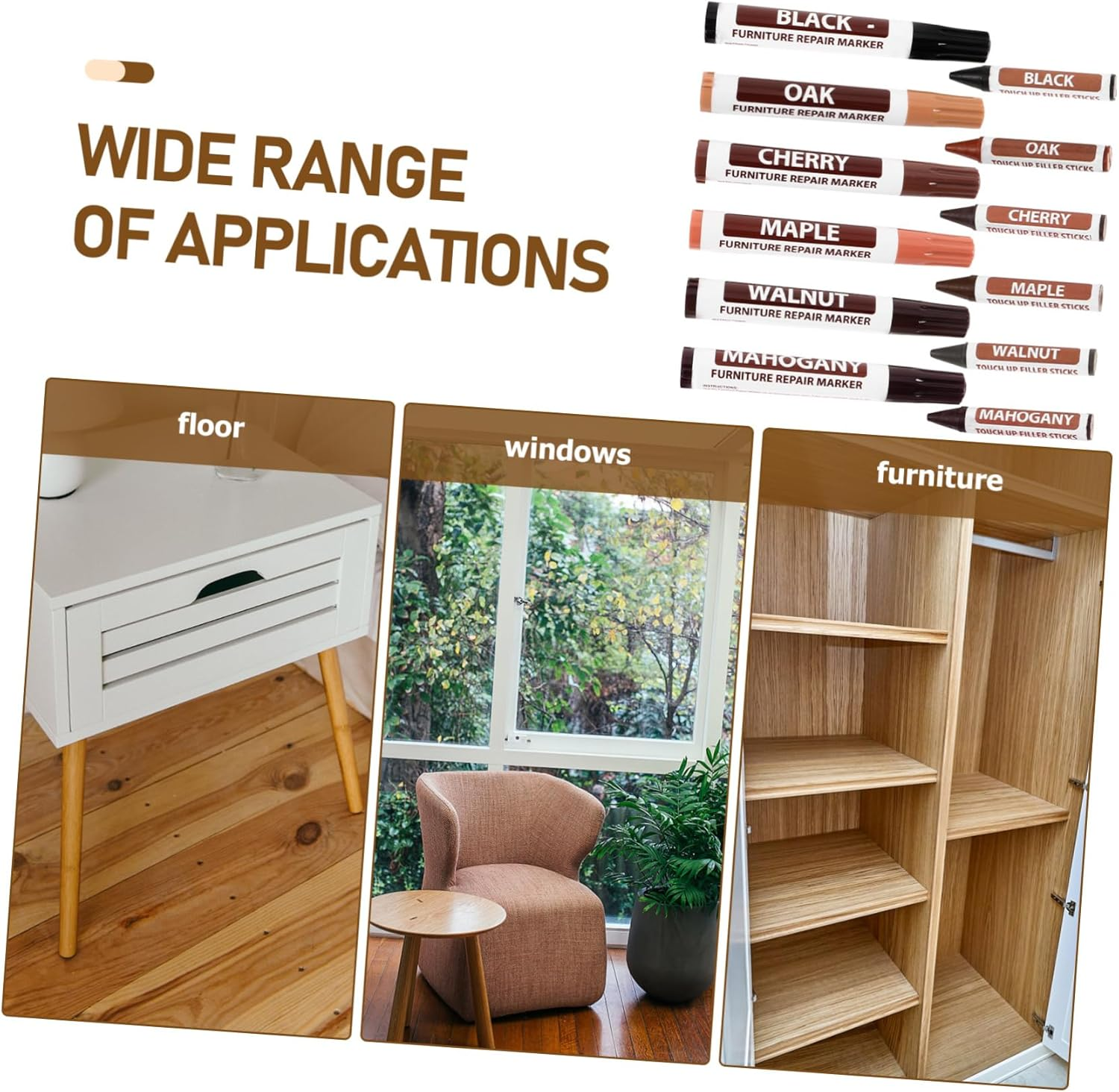 Furniture Touch-Up Markers and Wax Repair Kit for Wooden Furniture and Floors, Multi-Color Scratch Repair Pens 6 6 Set for Home Wood Surface Restoration image number 2