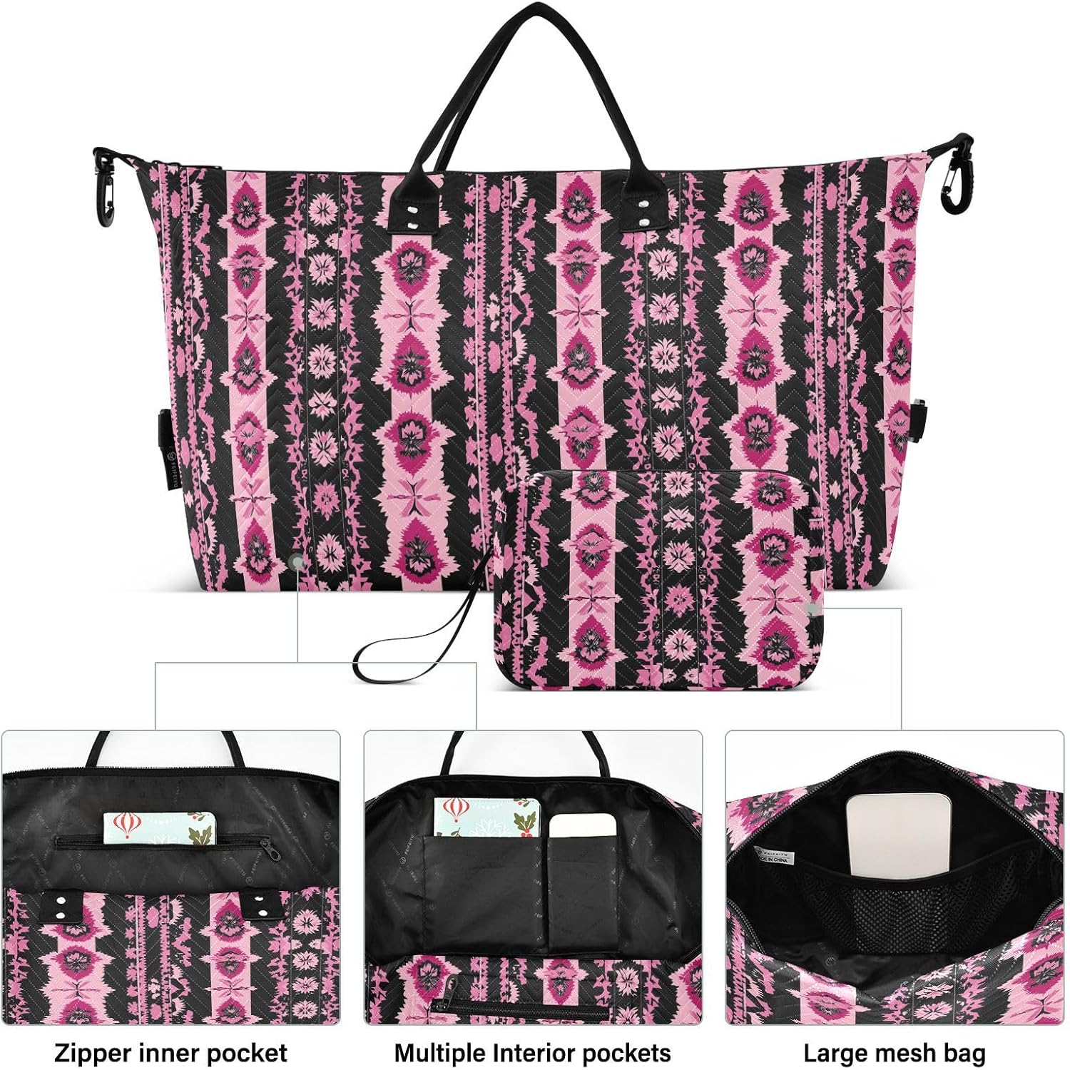 Duffel Bags Travel Weekender Gear Bag Gym Duffel Bag with Adjustable Strap for Trip Foldable, Vintage Boho Style Pattern Black and Pink image number 1