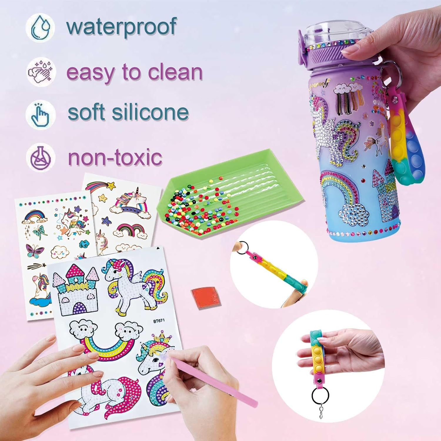 Decorate Your Own Water Bottle Kits for Girls Age 4-12, Unicorn Gem Diamond Painting Crafts, Kids Arts and Crafts Kits Girls Toys Gifts for 4-12 Year Old Girls Birthday Gifts (Unicorn 600Ml)
