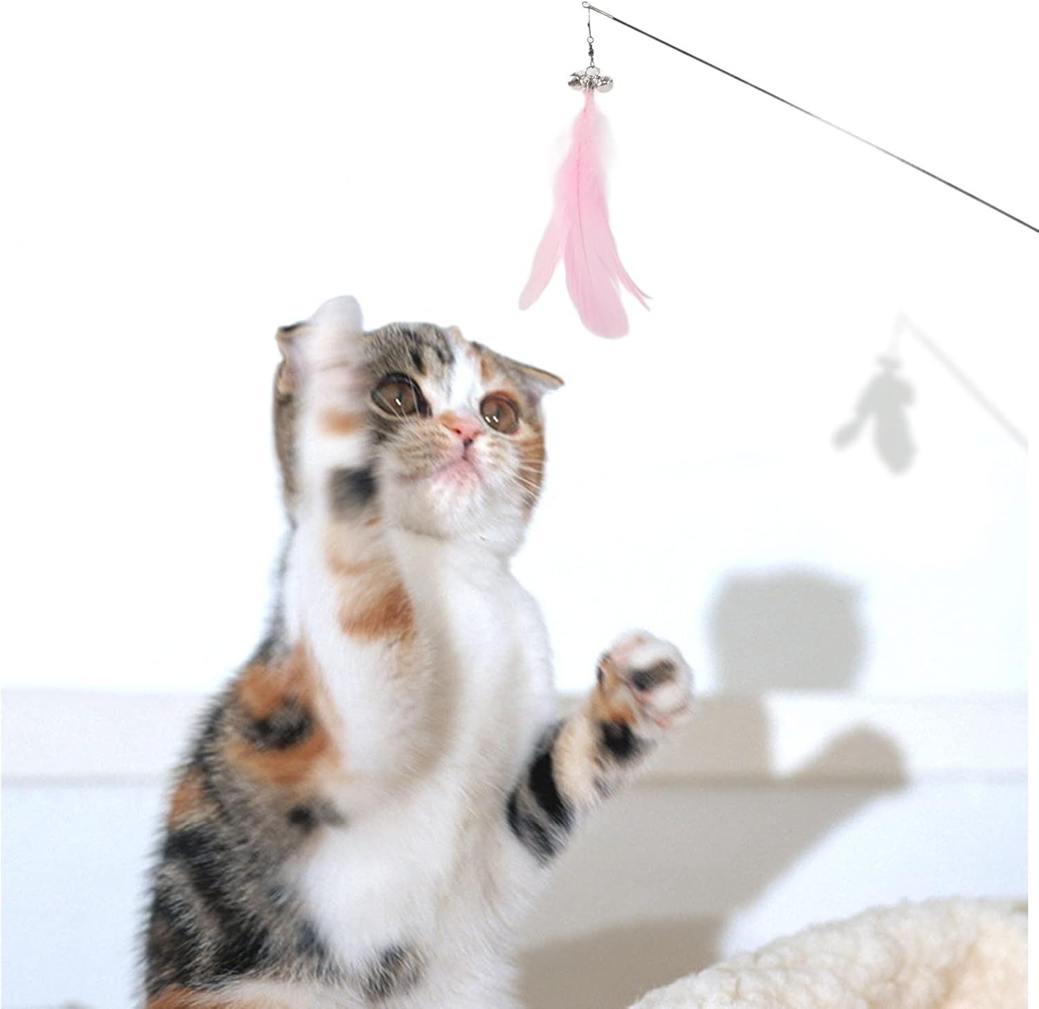 Cat Stick Toy, Retractable Cat Stick with Wooden Pole, Funny Cat Stick with Feather Bell, Flexible Carbon Fiber Rod Cat Feather Toys Interactive Cat Toys for Indoor Cats (Pink) - Blue image number 3