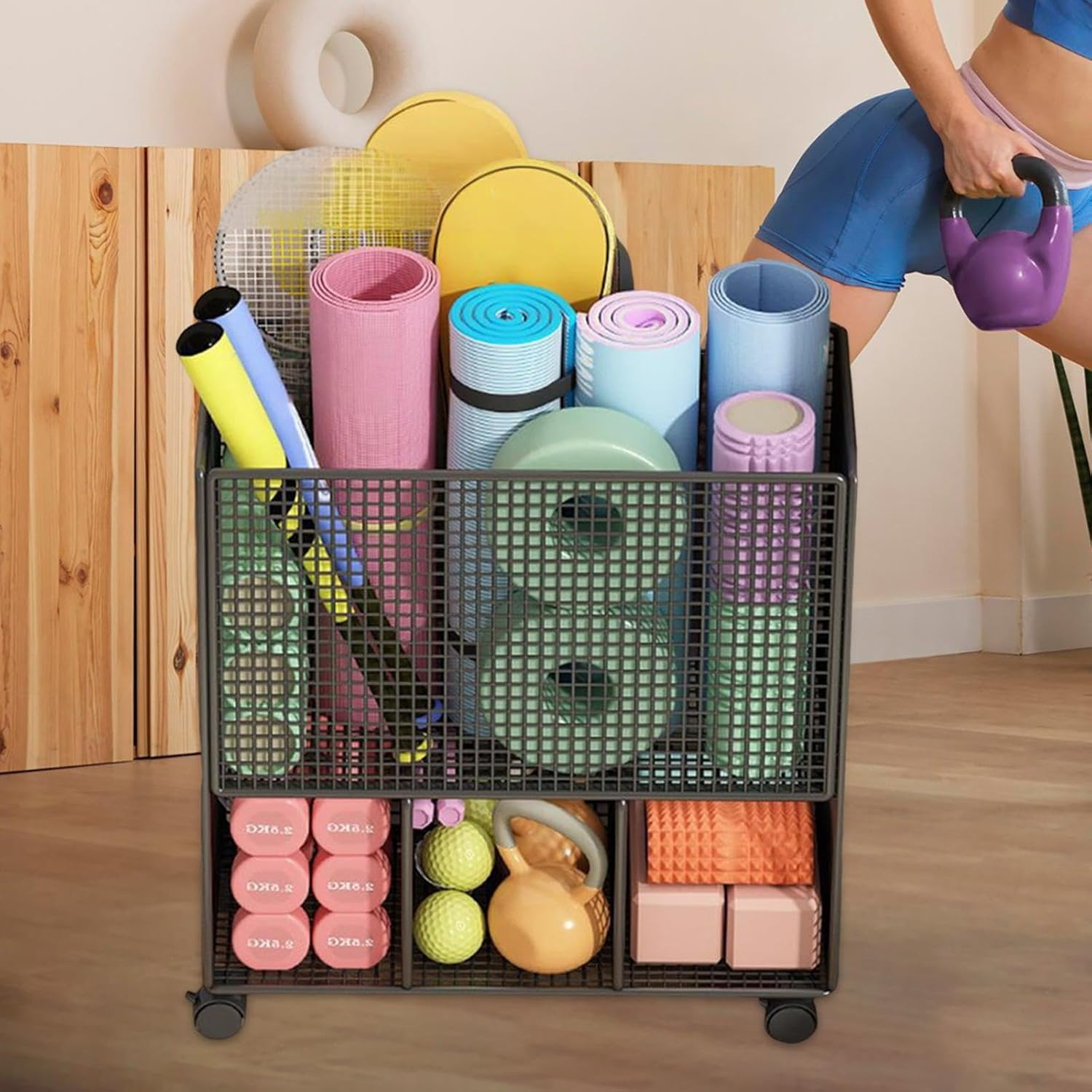 Rockible Yoga Mat Storage Rack, Workout Equipment Storage Organizer, Kettlebells Metal Yoga Mat Organizer Holder, Black image number 3