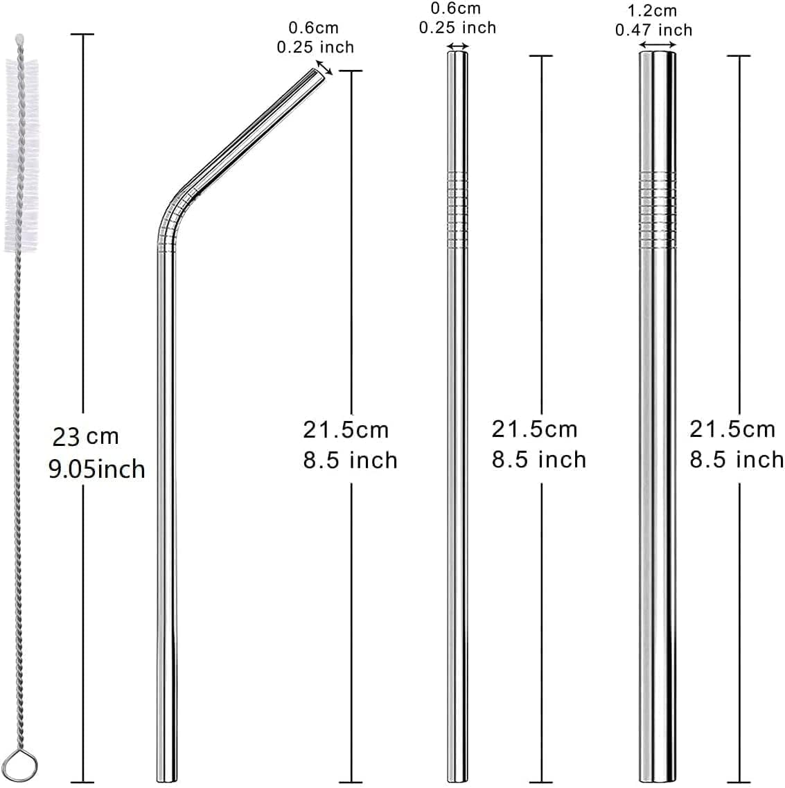 13-Piece Premium Stainless Steel Straw Set &ndash; Reusable Metal Straws with 4 Straight, 5 Bent, 2 Wide Boba Straws & 2 Cleaning Brushes &ndash; Eco-Friendly & Durable Straws (Silver) image number 1