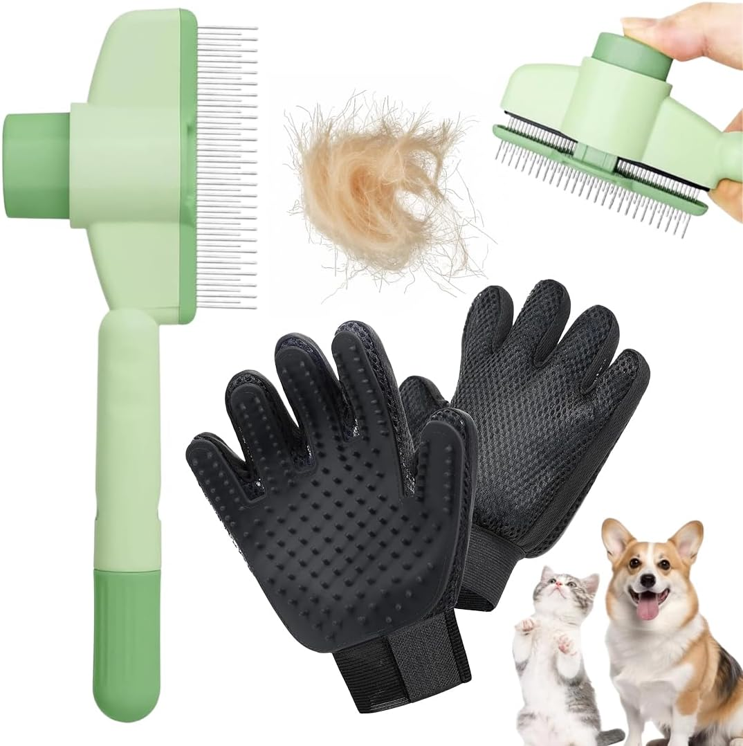 KIRZAX Self Cleaning Cat Brush (With Release Button & Flea Comb) + 1 Pair Dog Grooming Gloves - Cat Dog Horse Grooming Kit Suitable for Long/Short Hair image number 3