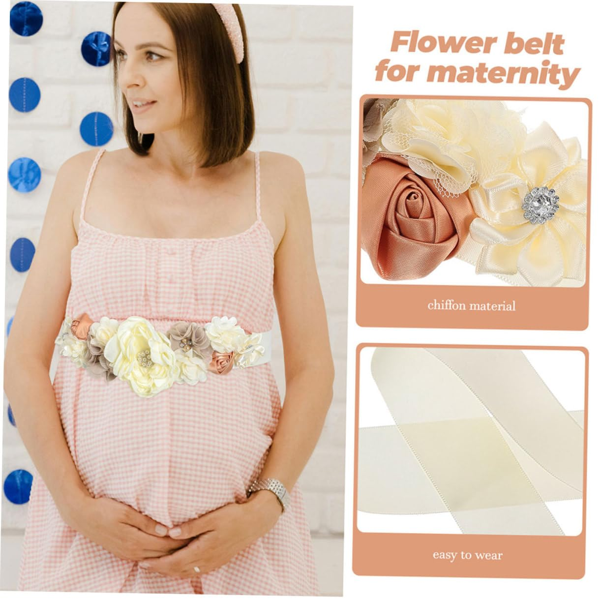 2Pcs Beige Maternity Sash Belt for Shower Decorations Pregnancy Keepsake Flowers Rhinestones for Photoshoots Expectant Mothers image number 2