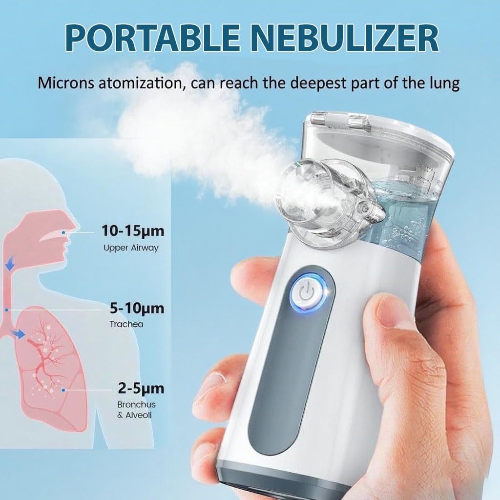 Portable Nebuliser, Auto-Cleaning Handheld Nebulizer for Adults and Kids Travel and Household with 3 Nebulizer Masks and Adjustable Nebulization Rate, for Home, Office, Outdoor image number 5