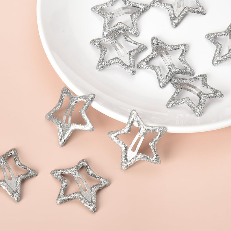 Silver Star Hair Clips Y2K Glitter Star Snap Clip Barrettes Hairpins 10 Pieces Small Metal Hair Clip Headpiece Cyber 2000S E-Girl Hair Accessories for Teen Girl Women