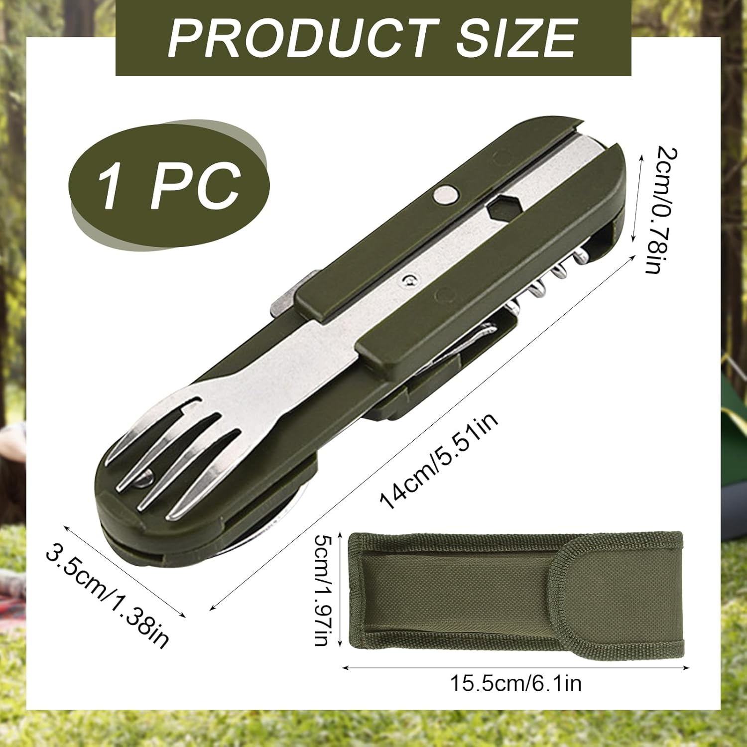 Stainless Steel Cutlery 5 in 1 Folding Cutlery Camping Cutlery Outdoor Cutlery Set with Removable Fork, Spoon, Knife, Bottle Opener, Can Opener and Carry Bag for Camping, Hiking, Picnic and Travel