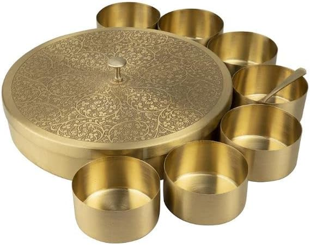 KAM HOME Brass Masala Box Set with Brass Spoon Container 90 Ml-Food Spice Storage Rack Indian Spice Boxes Storage Box Masala Dani Brass Masala Dabba -Kitchen Storage Spice Rack (8-INCH) image number 1