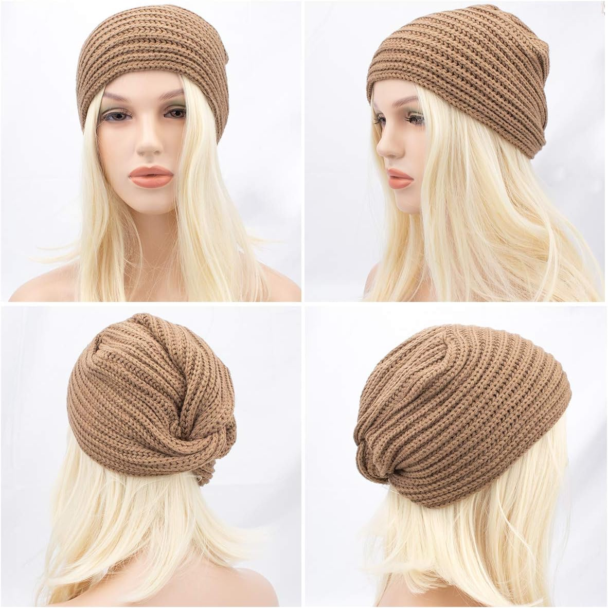 3Pcs Womens Winter Hats, Beanie Hat for Women, Knit Hat Slouchy Beanies Wool Hat, Warm Turban Hat Thick Chemo Caps for Cancer Patient, White Gray Brown, Buff, Grey, Coffee, One Size image number 2