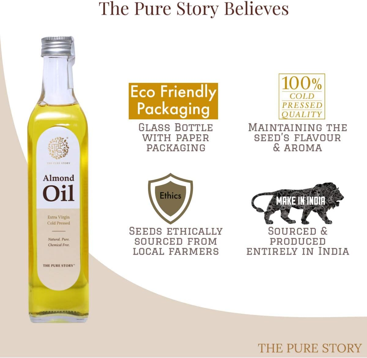 The Pure Story 100% Pure Cold Pressed Sweet Almond Oil for Hair, Skin, Face Care & Massage 100Ml image number 1