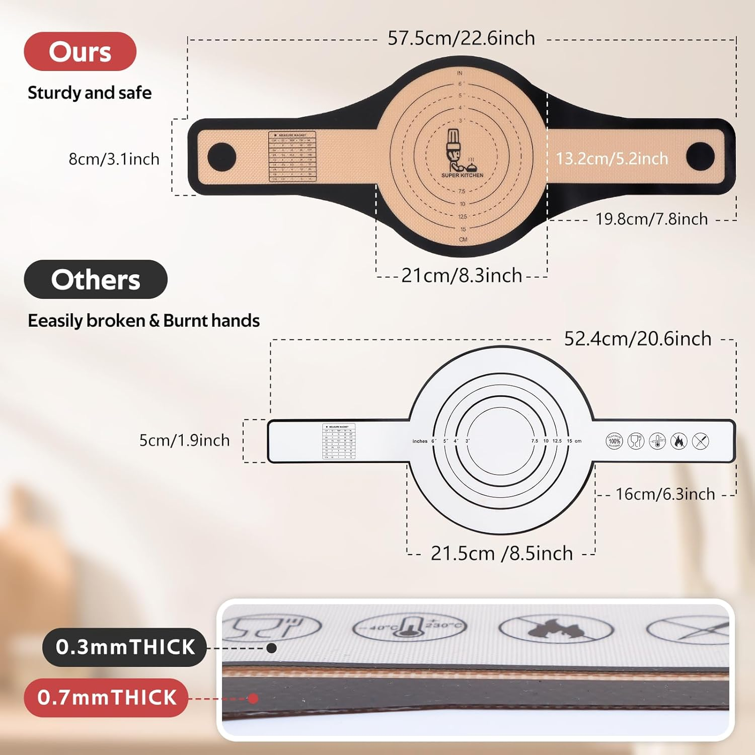 Folksy Super Kitchen 2 Pcs Extra Wider Silicone Bread Sling for Dutch Oven,Non-Stick Silicone Bread Baking Mat for Sourdough,Silicon Dough Lifter Liner with Longer Handles(22.6 * 8.3 Dark Gray,Black)&hellip; - Brown,Grey image number 3