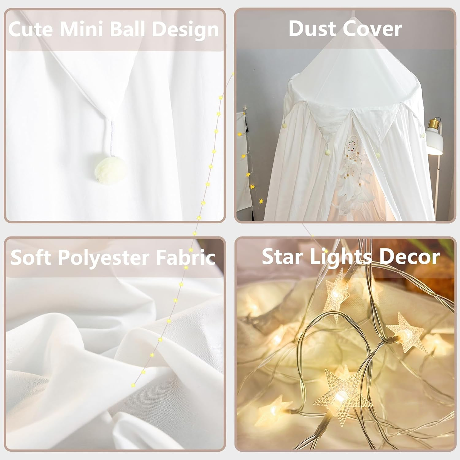 Bed Canopy Kids with Pom Pom, Cotton Princess Canopy with String Light for Girls Child Mosquito Net Cover Canopies Baby Crib Curtain Reading Nook Hanging Tent Nursery Play Game Castle Room Decoration - White image number 6