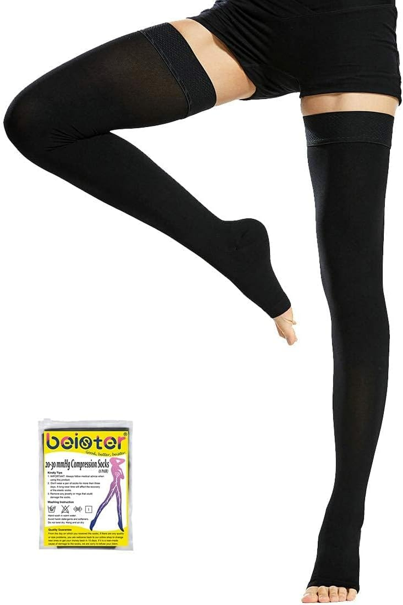 Beister Compression Stocking 20-30 Mmhg for Women & Men, 1 Pair Open Toe Thigh High Compression Socks with Silicone Band Gives Graduated Support for Travel, Flight, Running