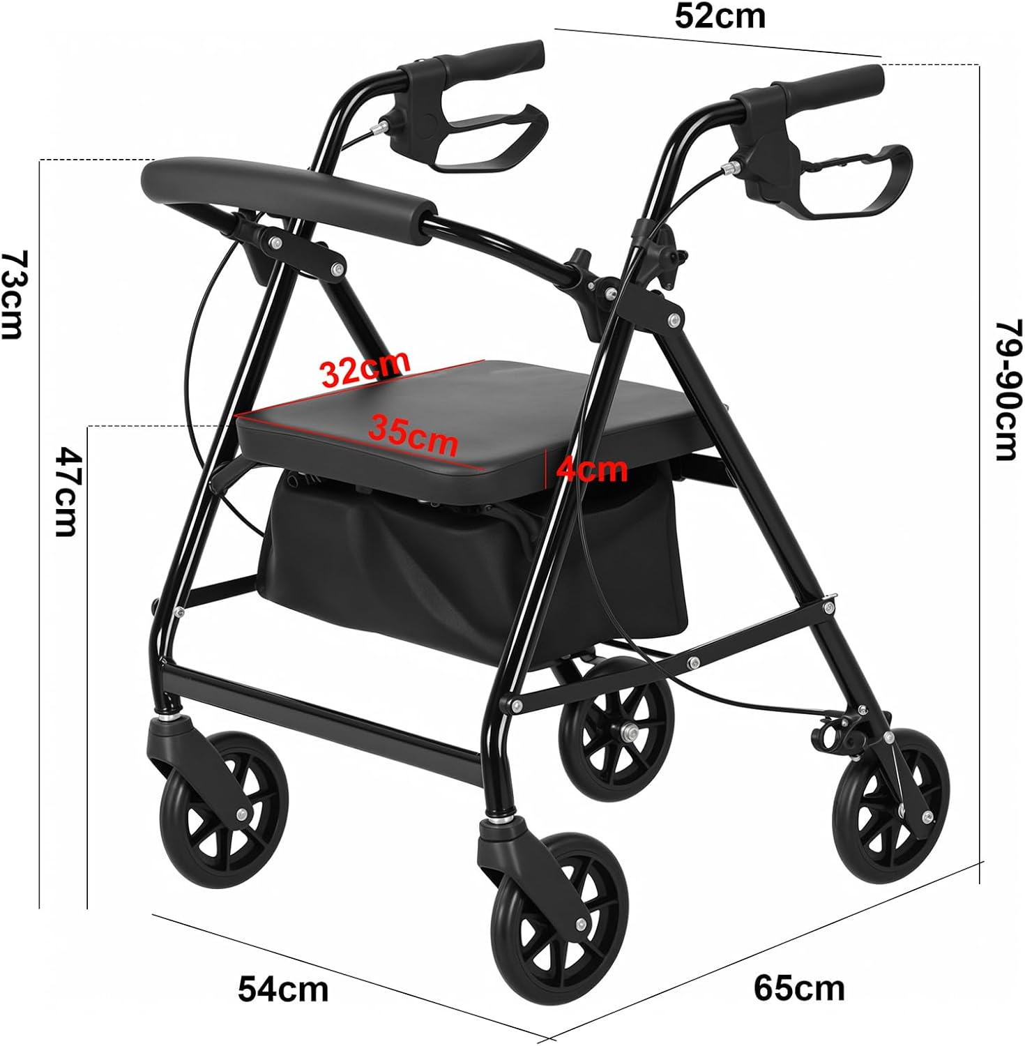 Rollator Walker, Lightweight 4-Wheel Foldable Mobility Aid with Brakes and Seat Basket, Large 6-Inch Wheels, Adjustable Height Rolling Walker Compact Mobility Device Supports up to 136Kg, Black image number 2