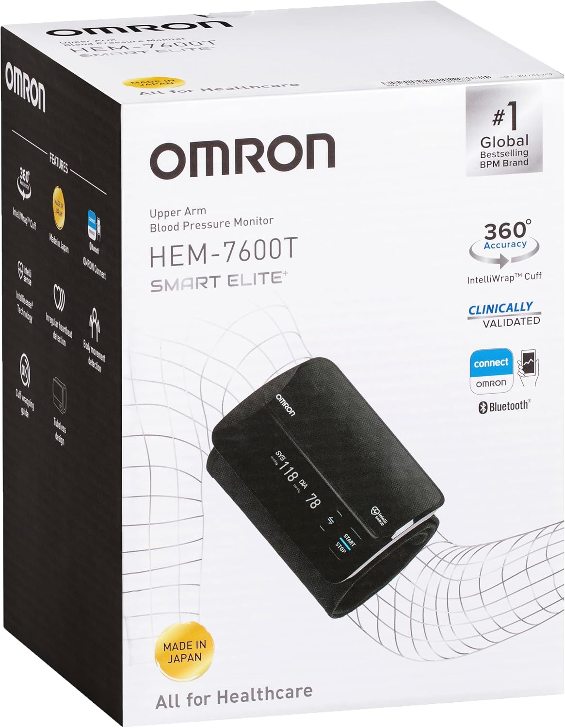 OMRON HEM7600T Smart Elite Tubeless Upper Arm Blood Pressure Monitor &ndash; Bluetooth, Intelliwrap Cuff, 360&deg; Accuracy, Upper Arm, 3+3 Warranty image number 5