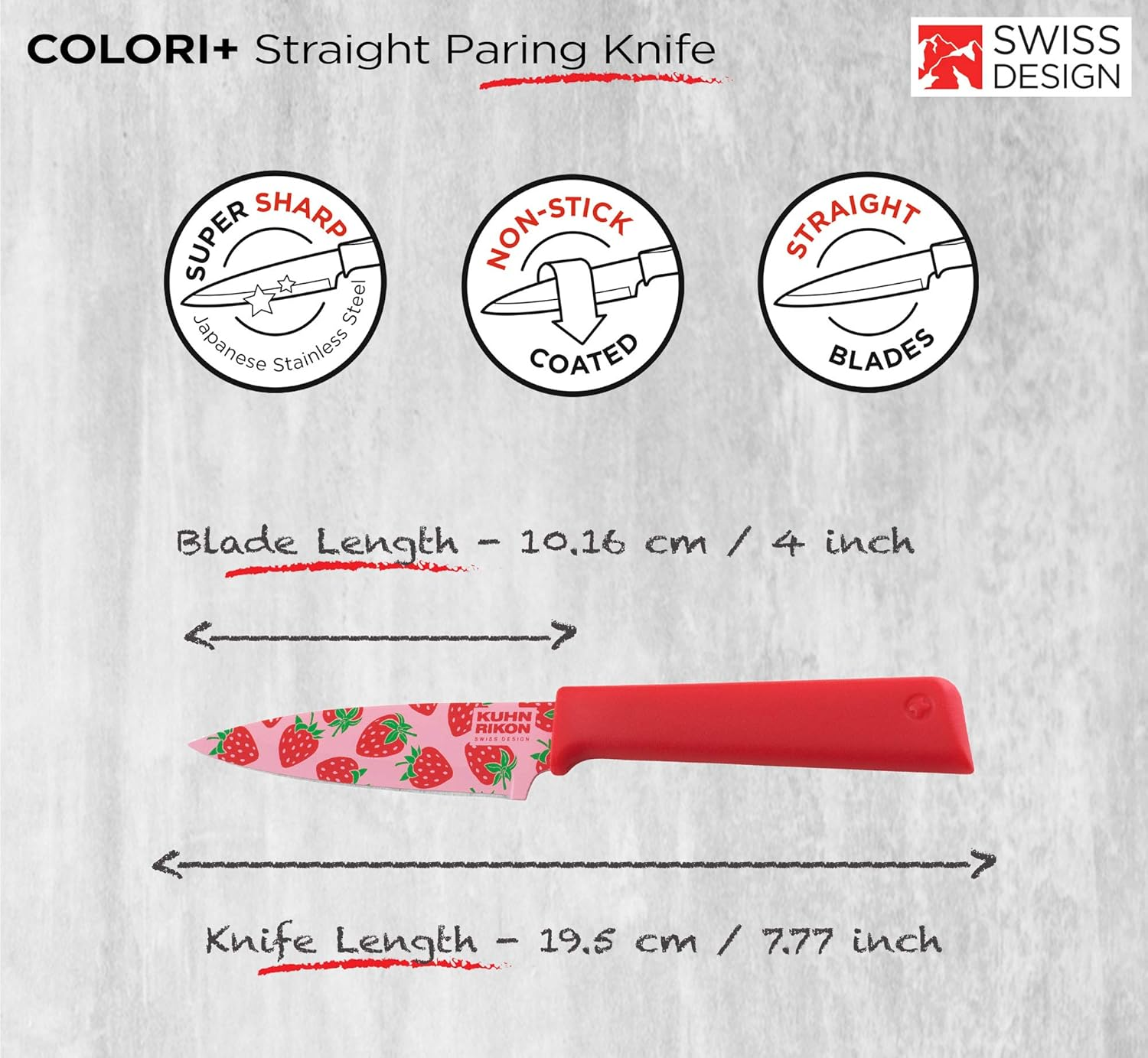 Kuhn Rikon Funky Fruit Strawberry Colori+ Non-Stick Straight Paring Knife with Safety Sheath, Stainless Steel, 19 Cm, - Strawberry image number 5