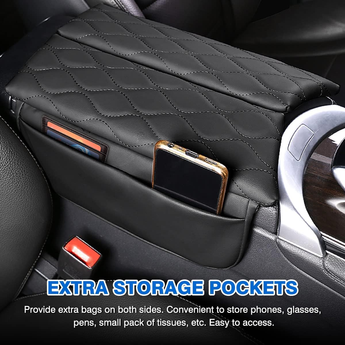 Karltys Compatible with Center Console Cover Mercedes Benz GLC Class 2016-2022 EQC 2019-2023 Accessories Armrest Cover Pad Leather Cushion Protector with Phone Holder Storage Pockets Black