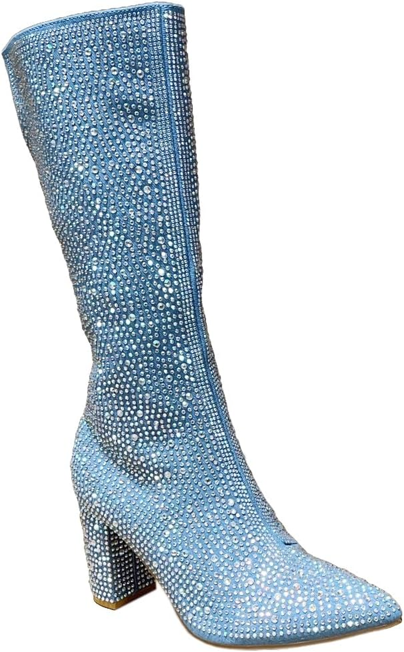 ABSOLEX Women Pointed Toe Rhinestone Block Medium Heel Knee High Boots