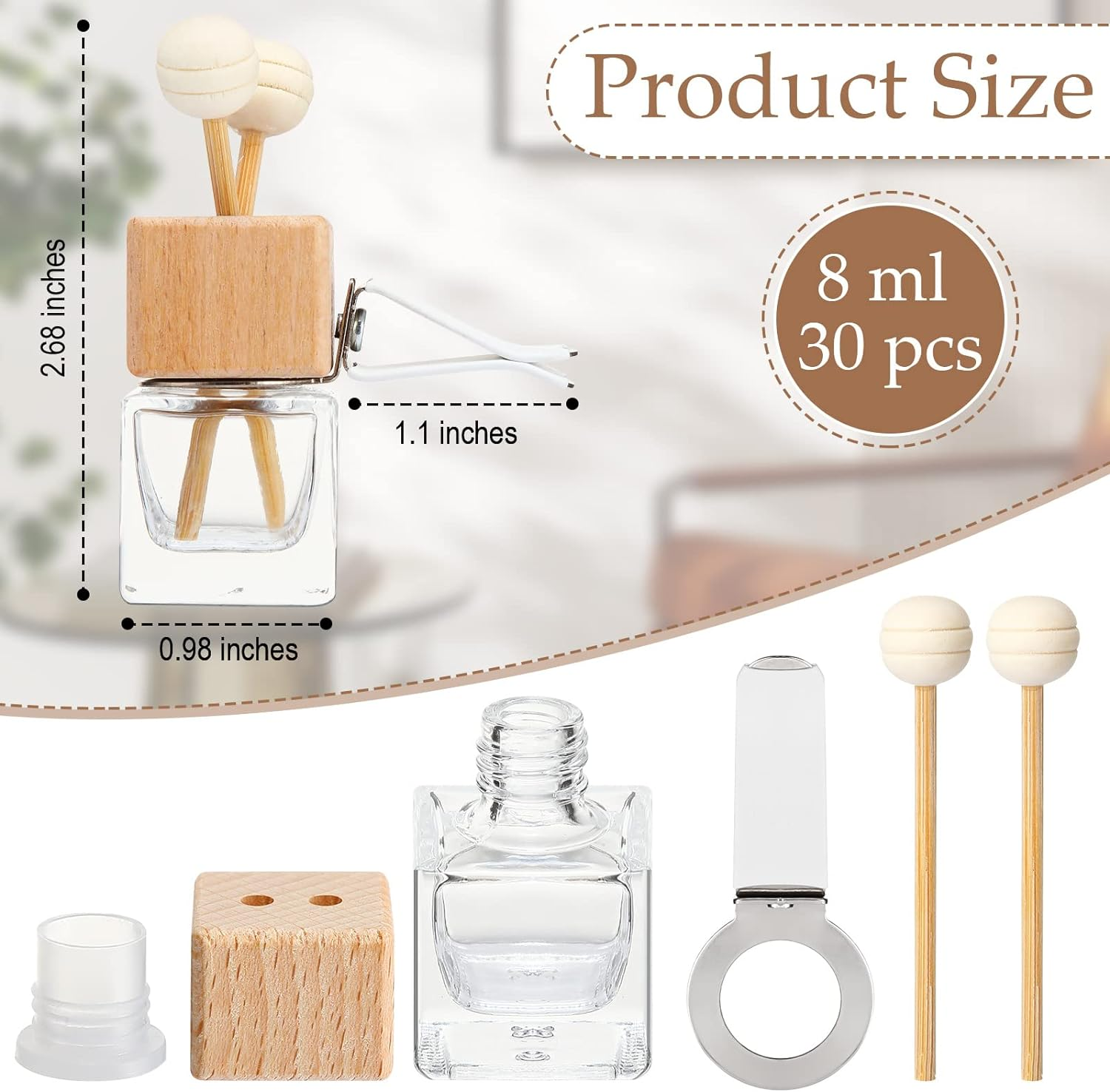 Zubebe 30 Pack 8 Ml Clear Car Diffuser Air Freshener Bottle Empty Essential Oil Auto Glass Perfume with Vent Clip Wooden Caps & Sticks for Scent Fragrance Ornament Decor image number 5