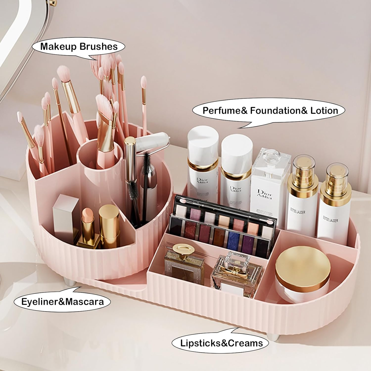 Pink Rotating Vanity Organizer with Brush Holder - Large Spinning Cosmetic Storage, Countertop Makeup & Skincare Organizer, Perfume & Lotions Display Case - 3 Layer Rotating Makeup Organizer-Brown image number 2