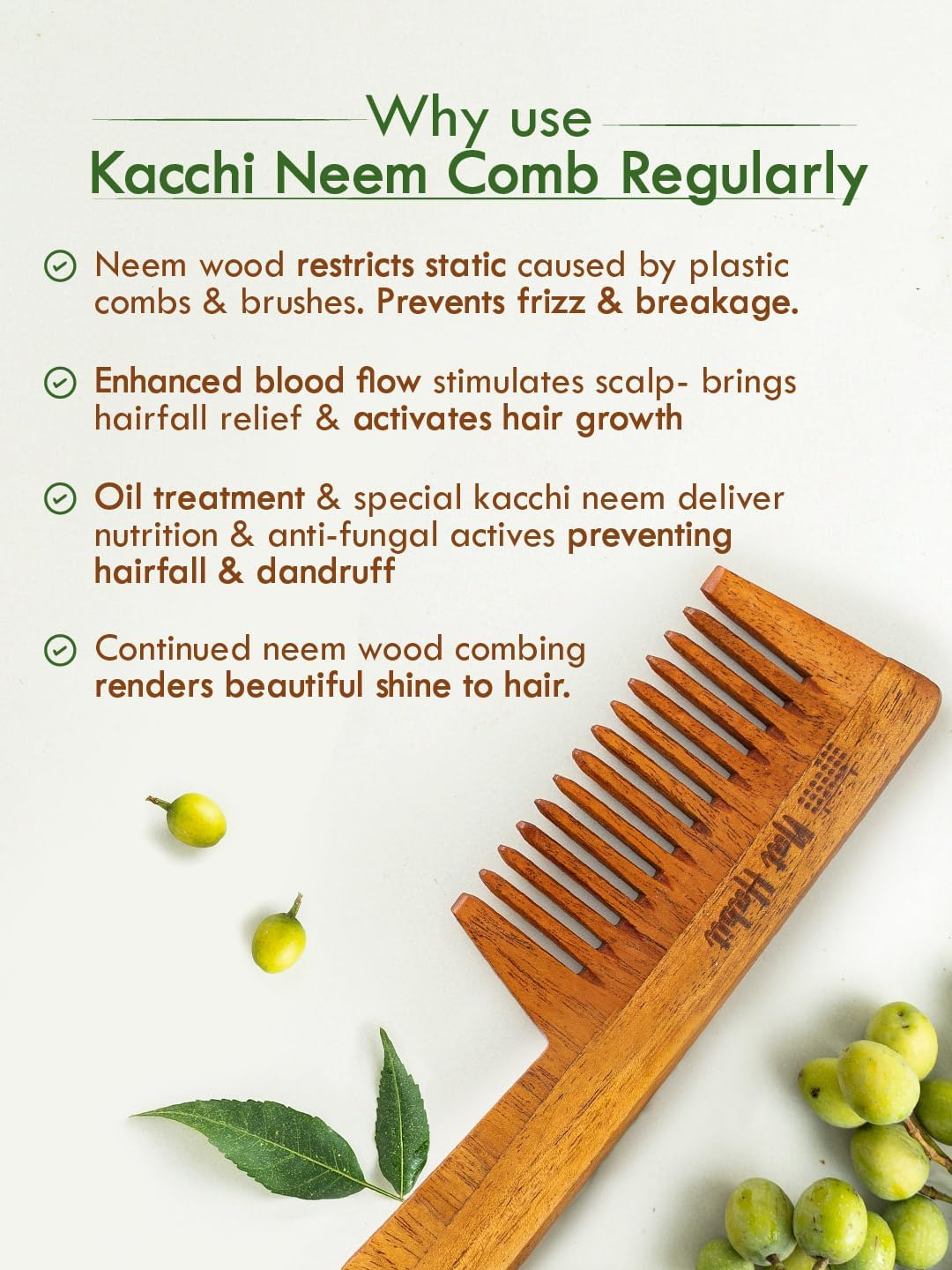 Nat Habit Wide Tooth Wooden Kacchi Neem Comb & Neem Bhringraj Dasabuti Hair Oil for Dry and Frizzy Hair, with Castor, Coconut & Amla - Combo Pack of 2 image number 4