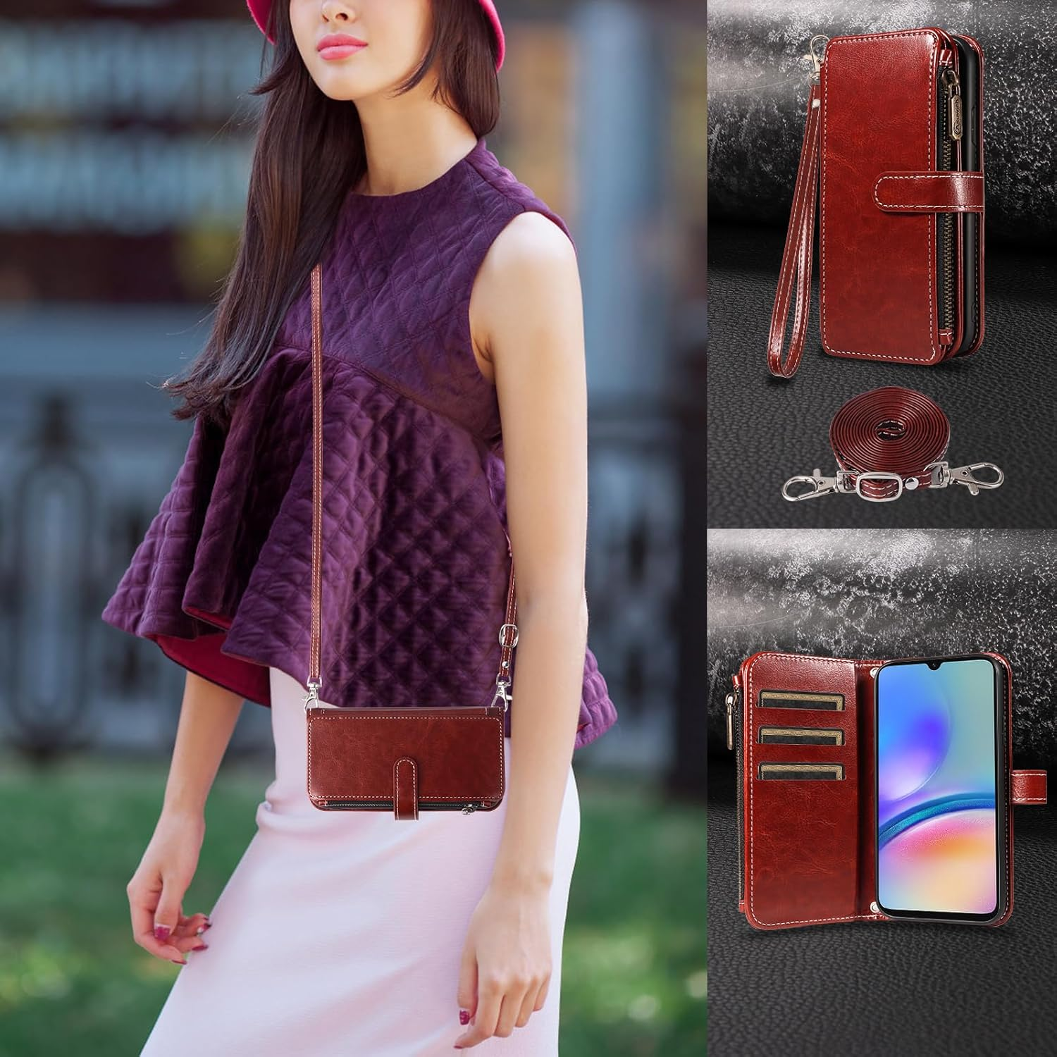 Asuwish Mobile Phone Case for Samsung Galaxy A05S/A05 Case with Strap Film Protective Film Card Slot Foldable Leather Wallet Stand Ao5S Ao5 a 05S 05 Mobile Phone Cases Protective Zip Phone Case Brown - Blue image number 3