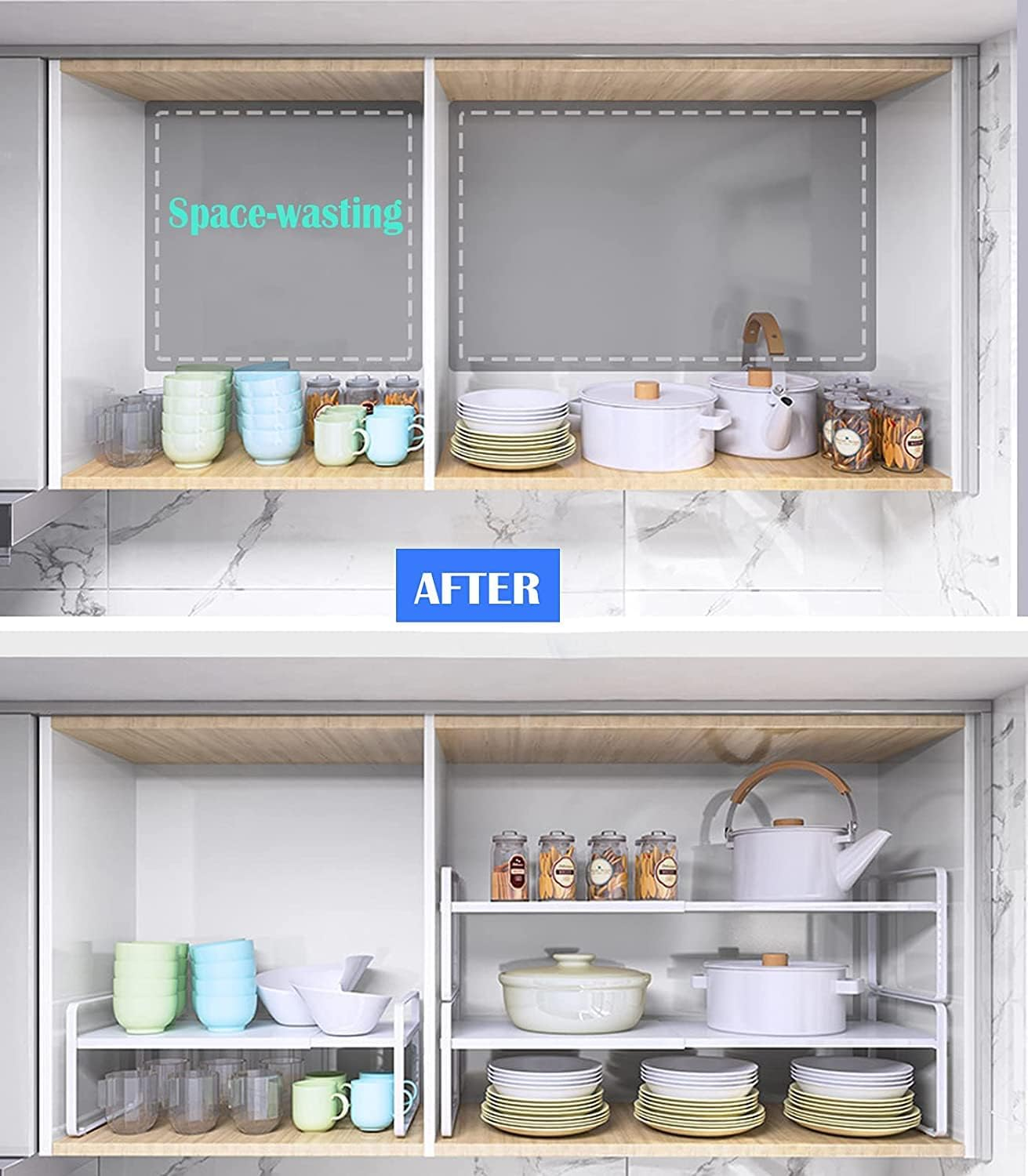 NOAEOU Expandable Countertop Organizer Shelf, Cupboard Stand Kitchen Spice Rack,Cabinet Pantry Shelf, Organization and Storage for Kitchen Bathroom (White) image number 4