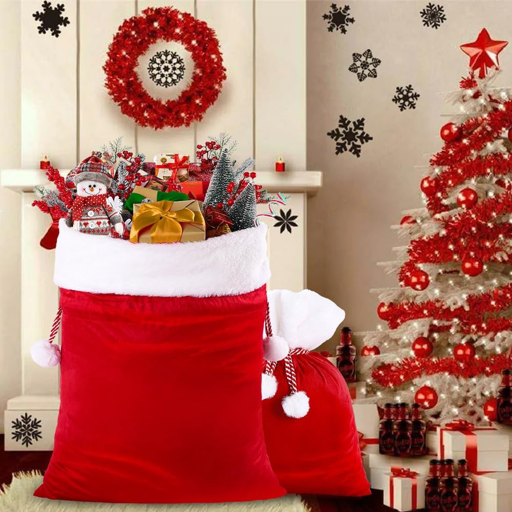 DIYDEC 2Pcs Christmas Velvet Santa Bags with Drawstring - Red Santa Gift Bags Large for Xmas Present Party Supply image number 6