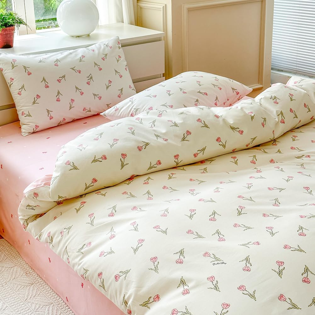 Covebett Cotton Duvet Cover Double Size White Pink Floral Flower Tulip Reversible Bedding Set 3Pcs, 1 Aesthetic Girls Quilt Cover 200X200 Cm with Zipper Closure and 2 Pillowcases 50X75 image number 6