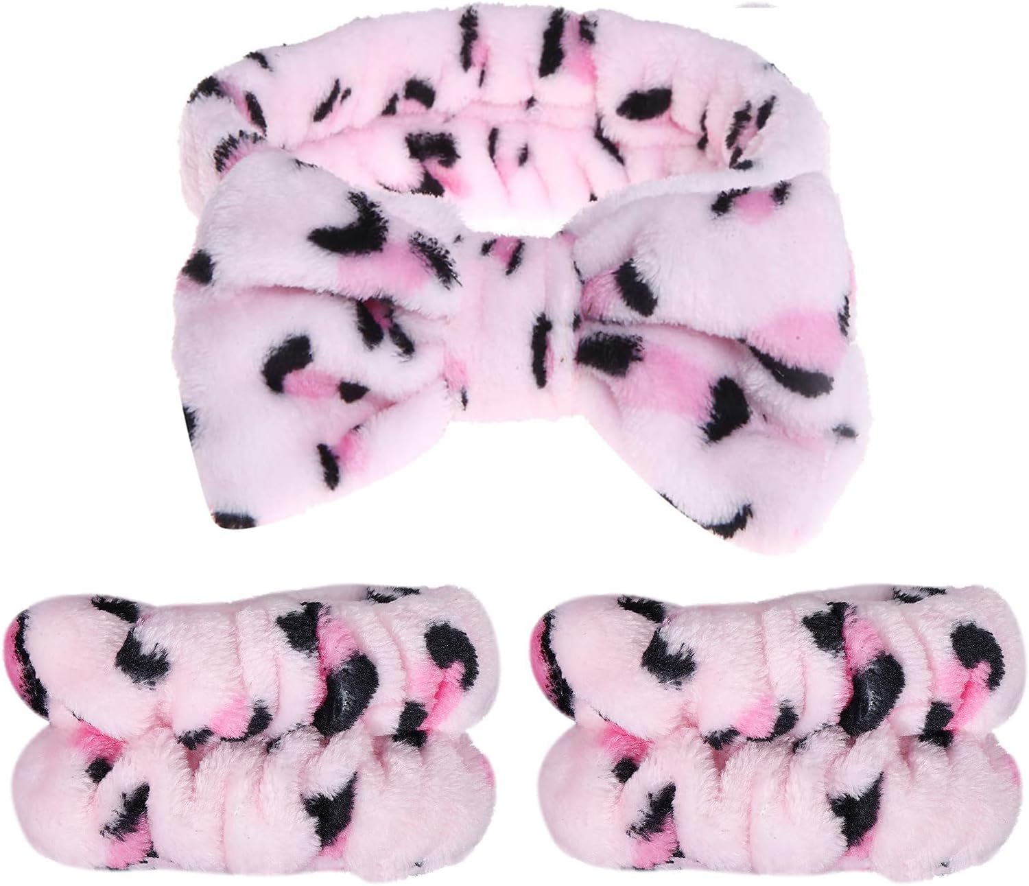 3 Pack Spa Headband Set - Pink Leopard Print Plush Headband & Wrist Cuffs for Women Girls,Soft Microfiber Face Wash, Skincare, Makeup & Bath Accessories Gift image number 5