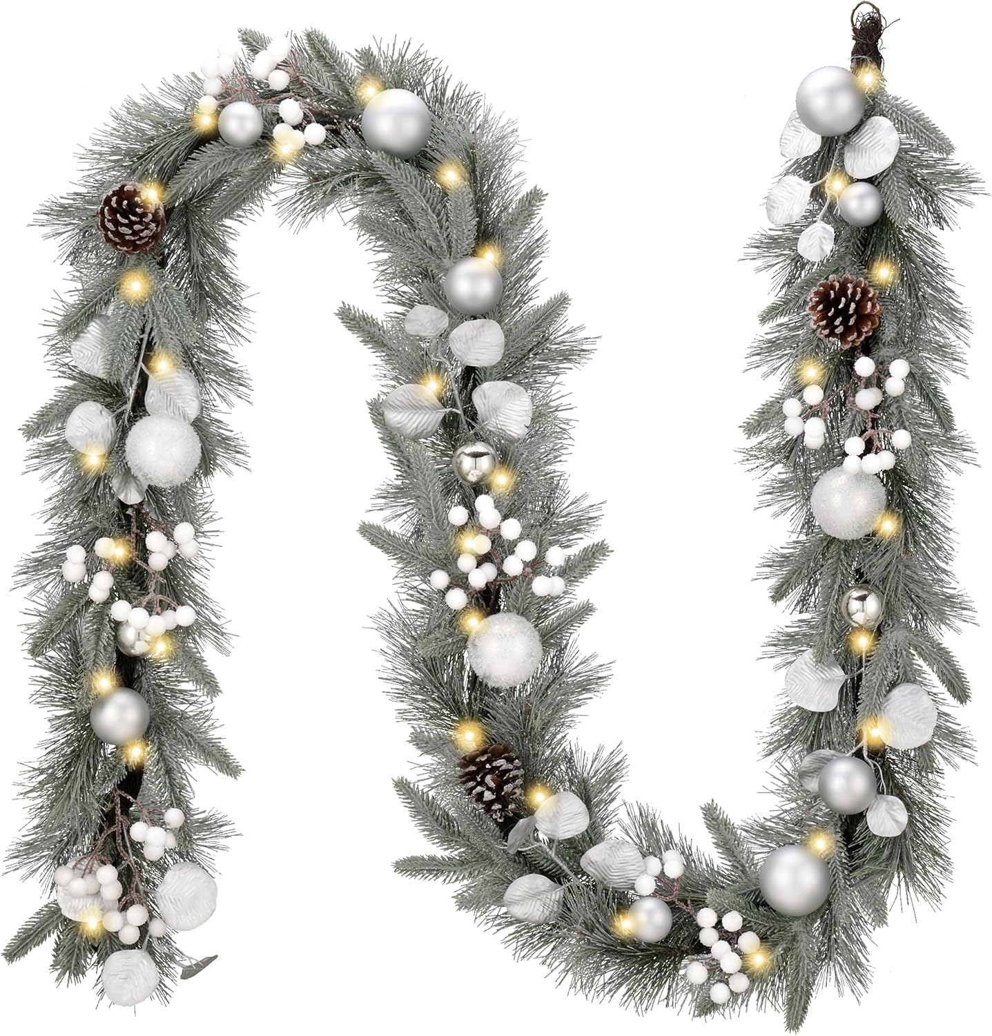 Valery Madelyn 6 Ft Pre-Lit Christmas Garland with Lights for Mantle, Lighted Outdoor Xmas Garland with White Gold Balls Norfolk Pine for Home Stairs Fireplace Table Centerpiece Indoor Holiday Decor